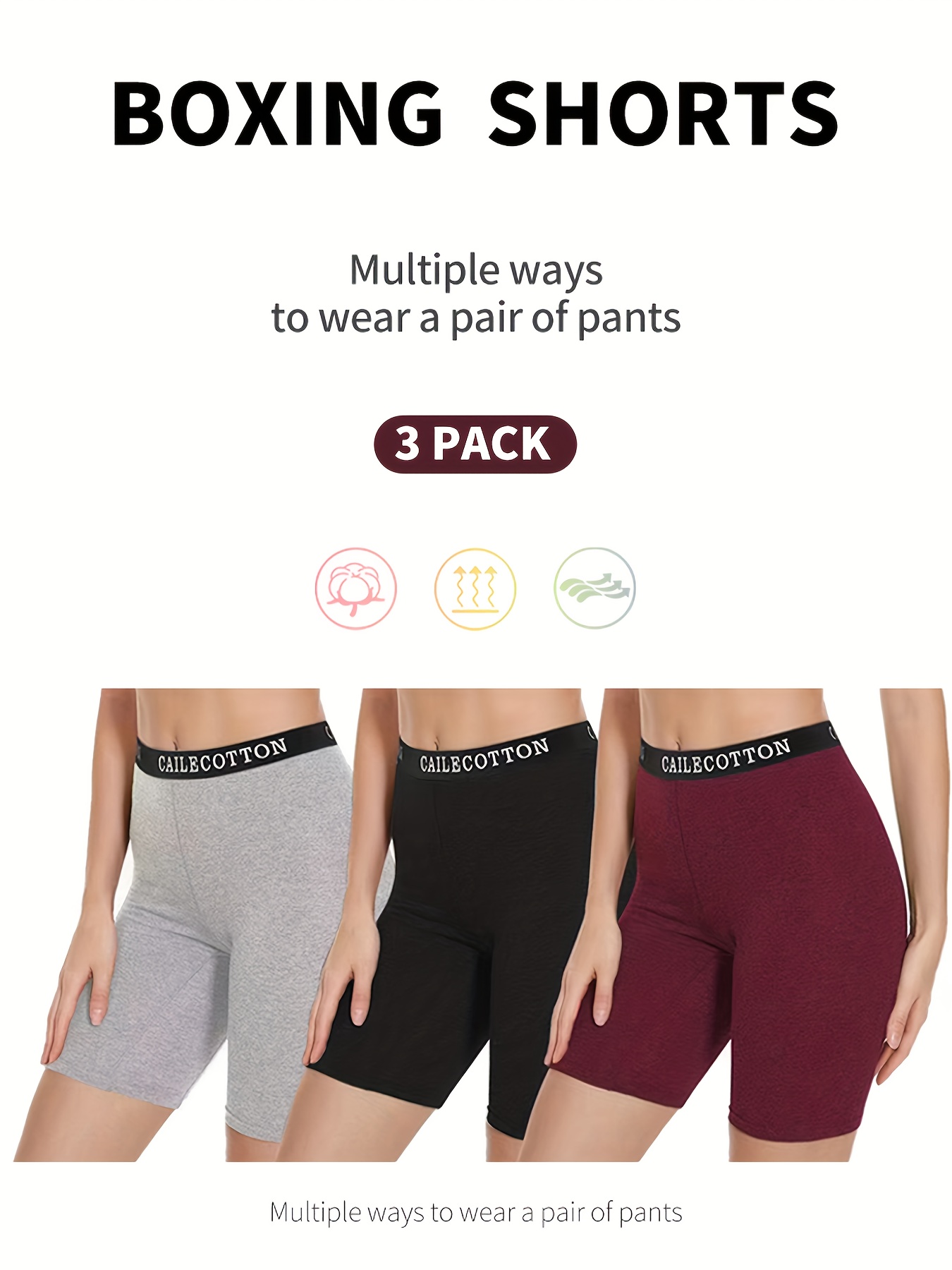 3 Pack Plus Size Simple Shapewear Shorts Set, Women's Plus Letter