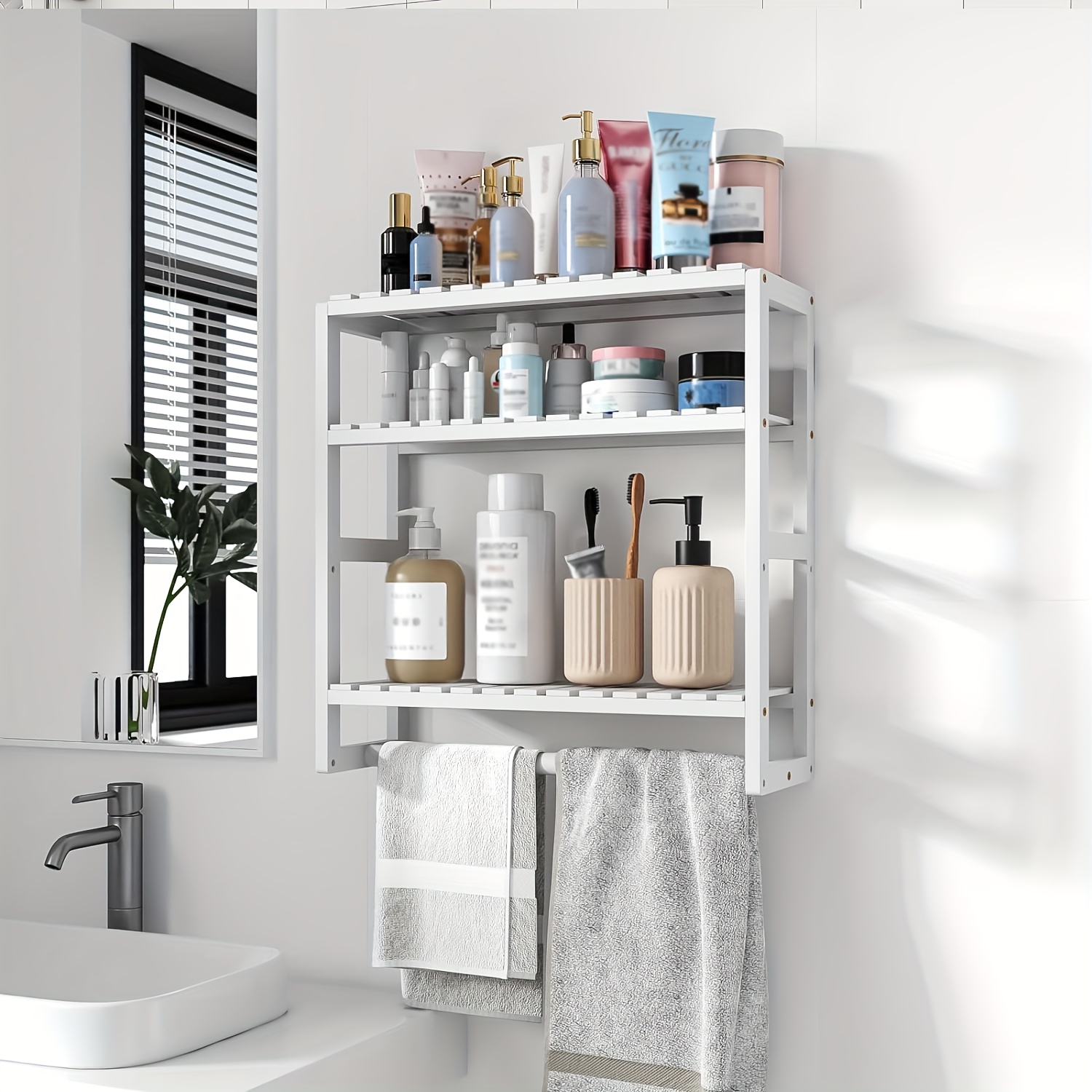 1pc bathroom storage shelves adjustable 3 tiers storage rack over the toilet storage floating shelves for wall mounted with hanging rod bathroom accessories home organization and storage supplies bathroom decor