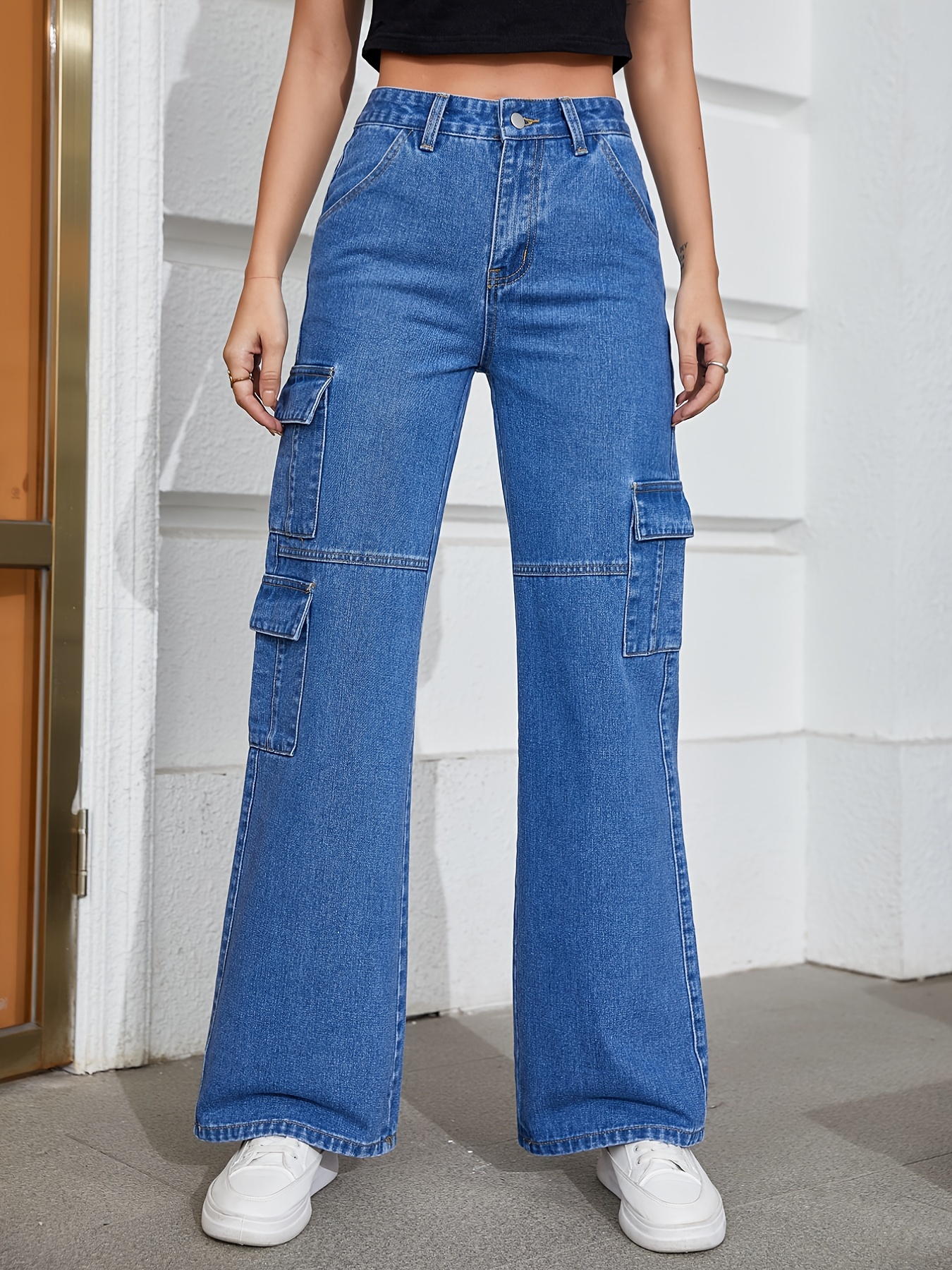 Calças jeans retas de cintura alta rasgadas azuis cintura - Temu Portugal