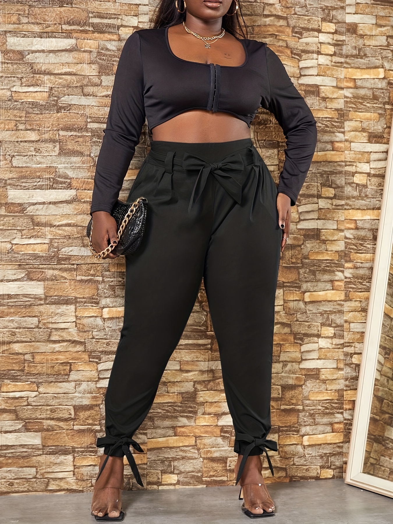 Plus Size Casual Pants, Women's Plus Solid High * Bow Knot Hem Slight  Stretch Tapered Leg Trousers With Belt