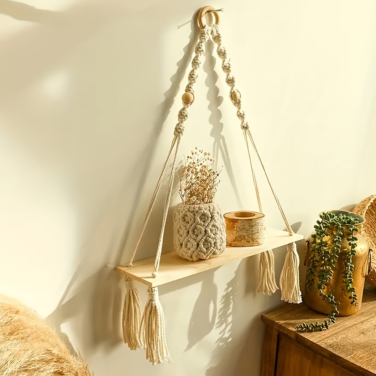 Macrame Hanging Shelf Boho Handmade Bohemian Wooden Plants - Temu Canada