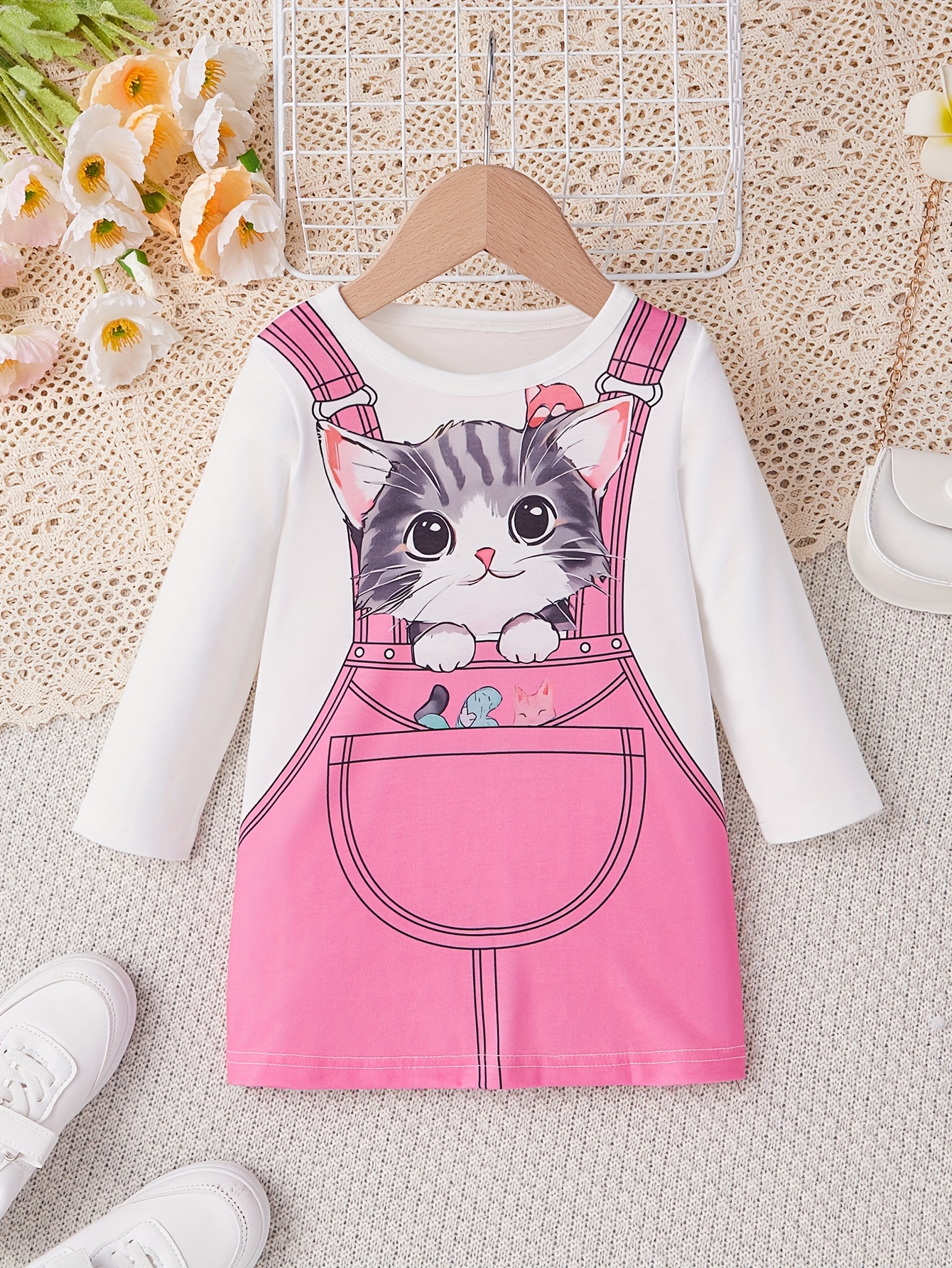 Kid Girl Cat Print Long Bell sleeves Dress
