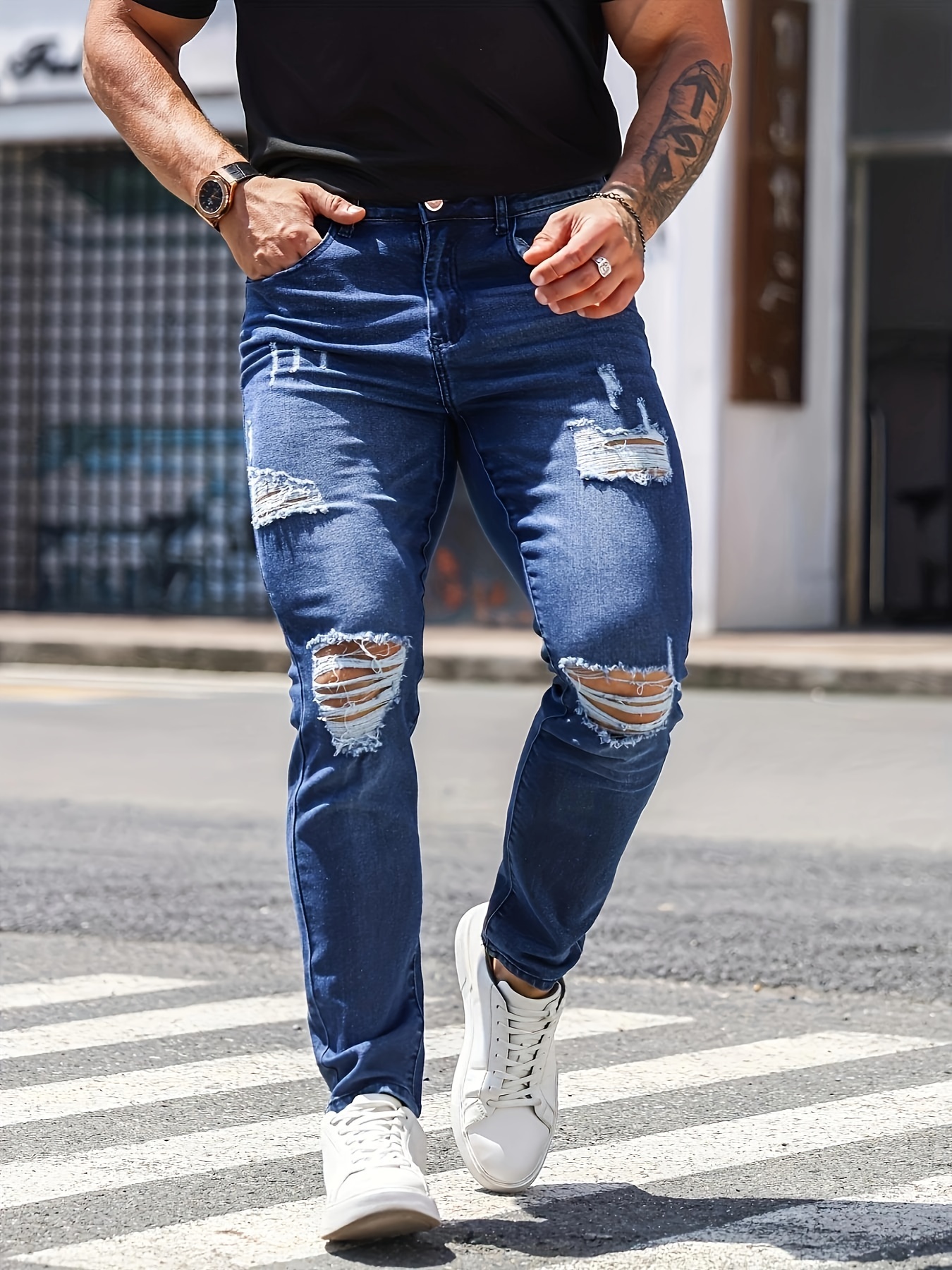 Slim Fit Ripped Cotton Jeans Men's Casual Street Style - Temu Australia