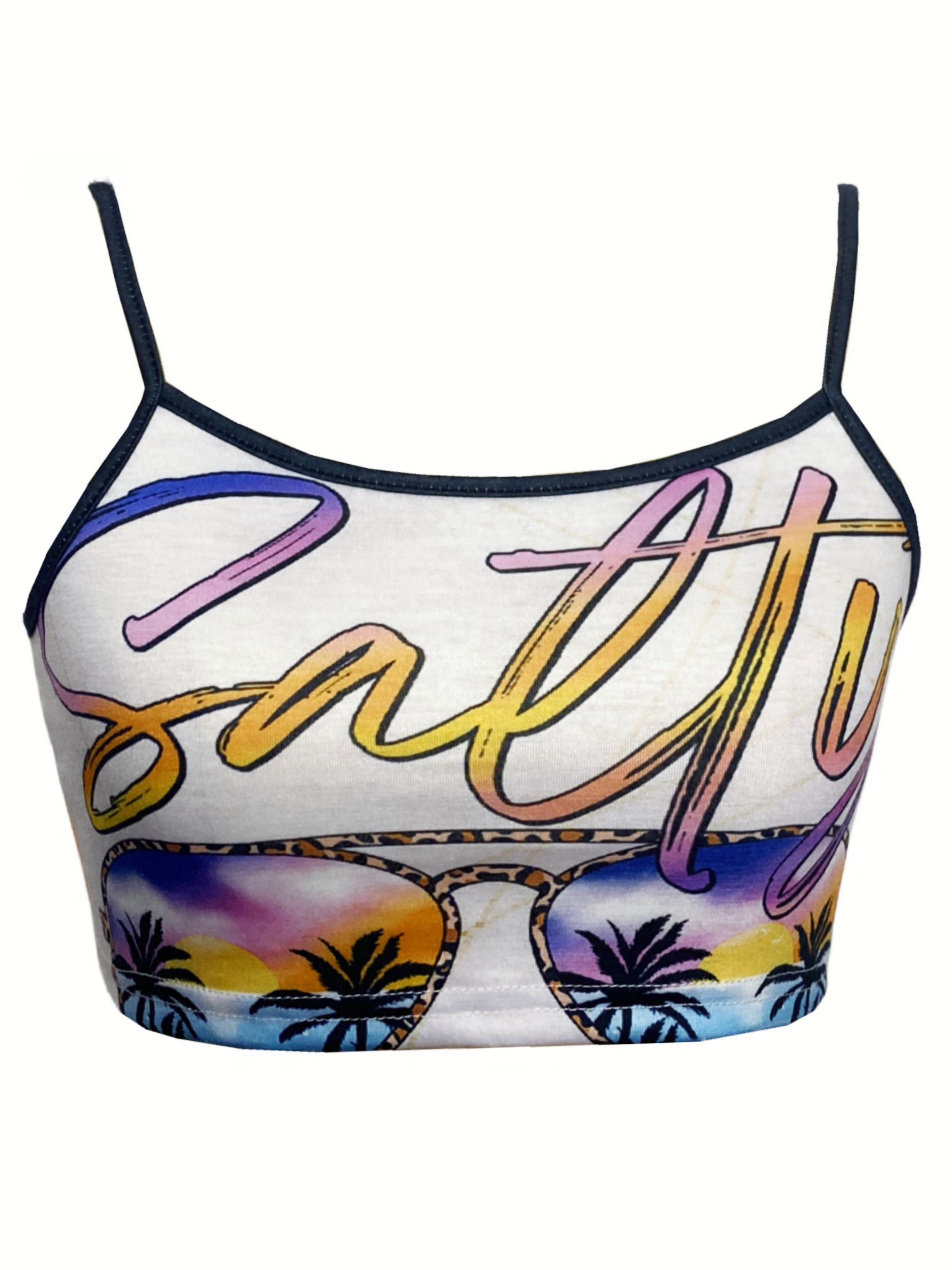 Coconut Tree Contrast Trim Cami Top, Y2K Crop Spaghetti Strap Top For  Summer, Women's Clothing