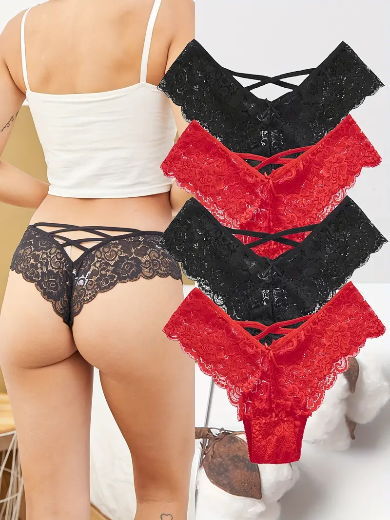 4pcs floral lace panties sexy criss cross hollow scallop trim semi sheer panties womens lingerie underwear details 11
