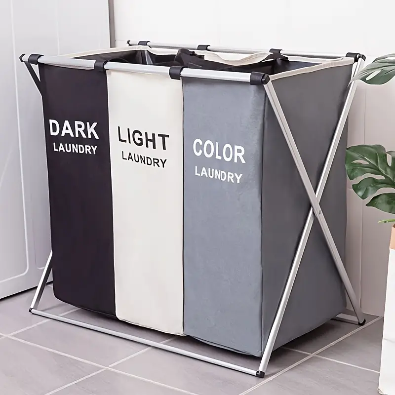 Office Sorting 3 Section Laundry Basket Printed Dark Light Color, Foldable Hamper/Sorter With Waterproof Oxford Bags And Aluminum Frame, Washing Clothes Storage For Home, Dormitary