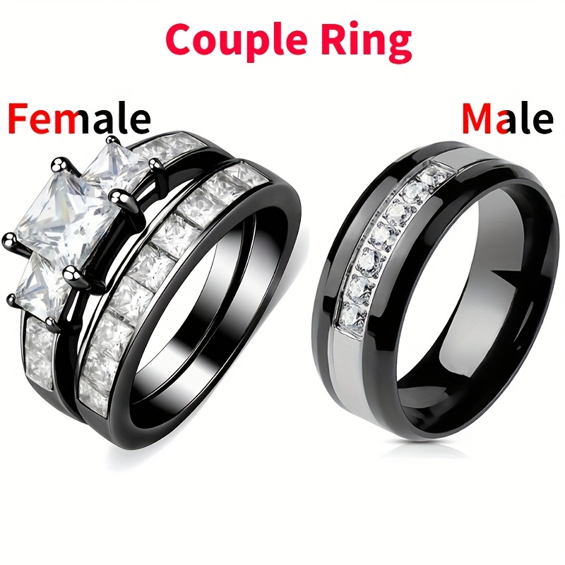 wedding ring set Two Rings His Hers Couples Matching Rings Women's 2pc  White Gold Filled Square CZ Wedding Engagement Ring Bridal Sets & Men's