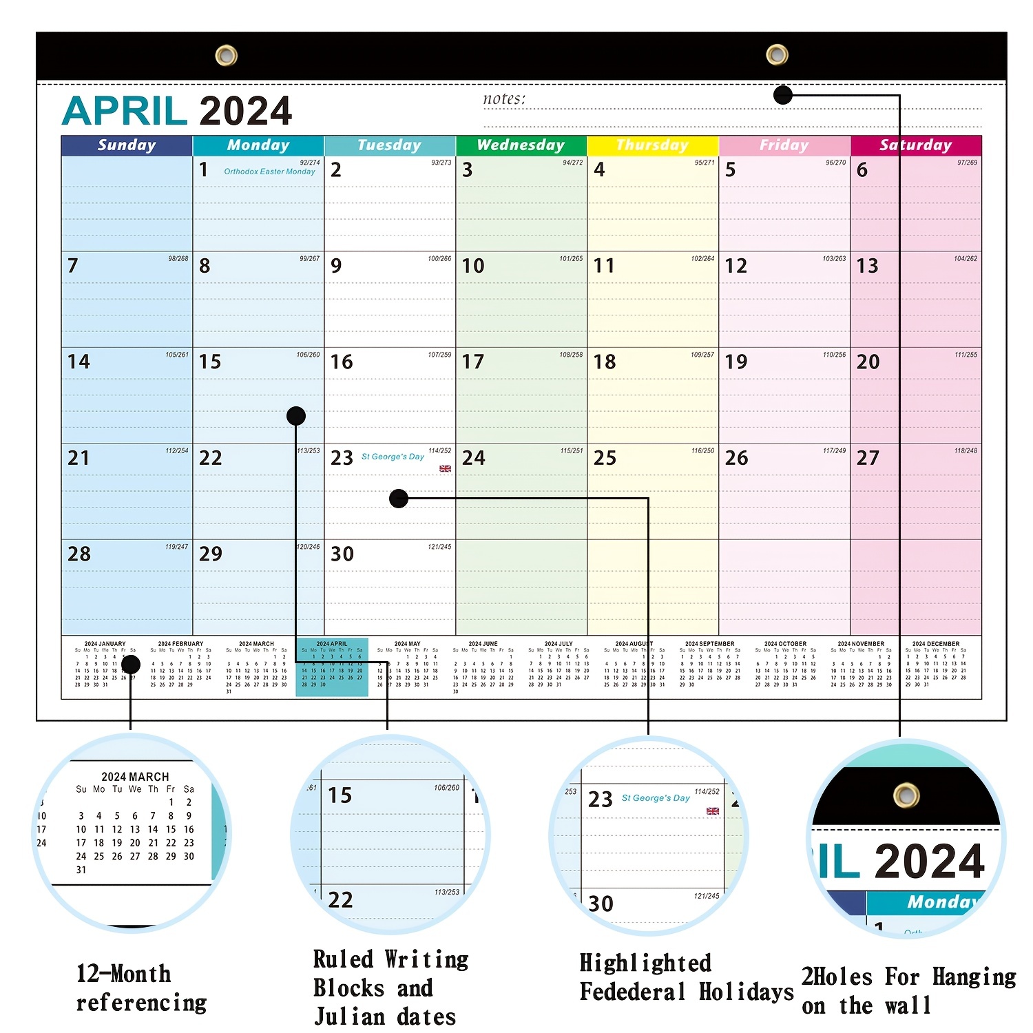 Calendrier mural toute l'année 2024 et 2025 Grand agenda mensuel annuel  Organiseur annuel minimal Papier géant noir et blanc 61 x 111 cm -   France
