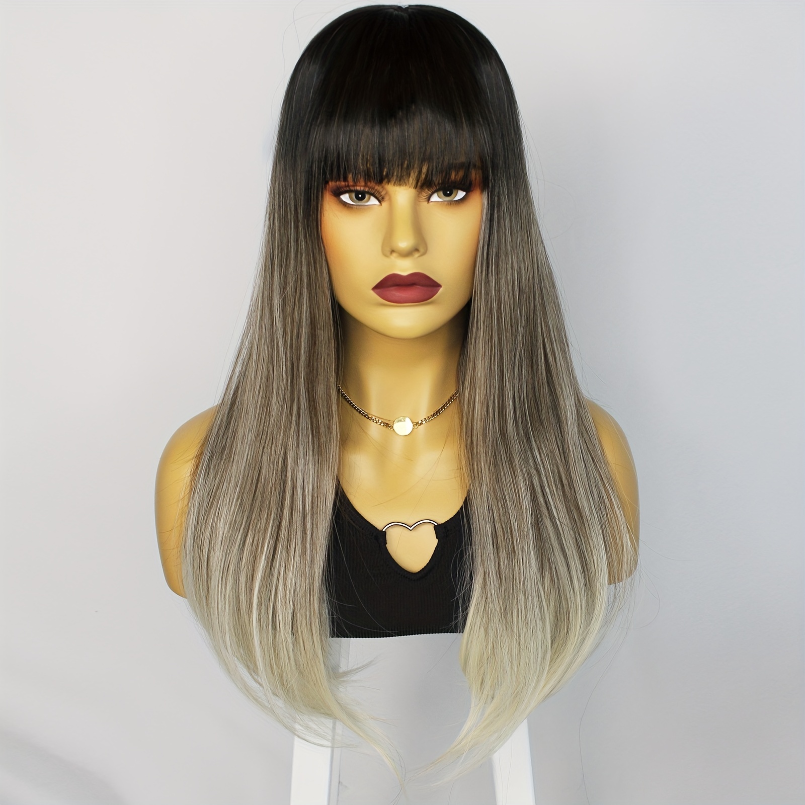 Synthetic Long Straight Black Ombre Light Blue Wig for Women High Density  Layered Hair Wigs with Bangs Halloween Costume Cosplay