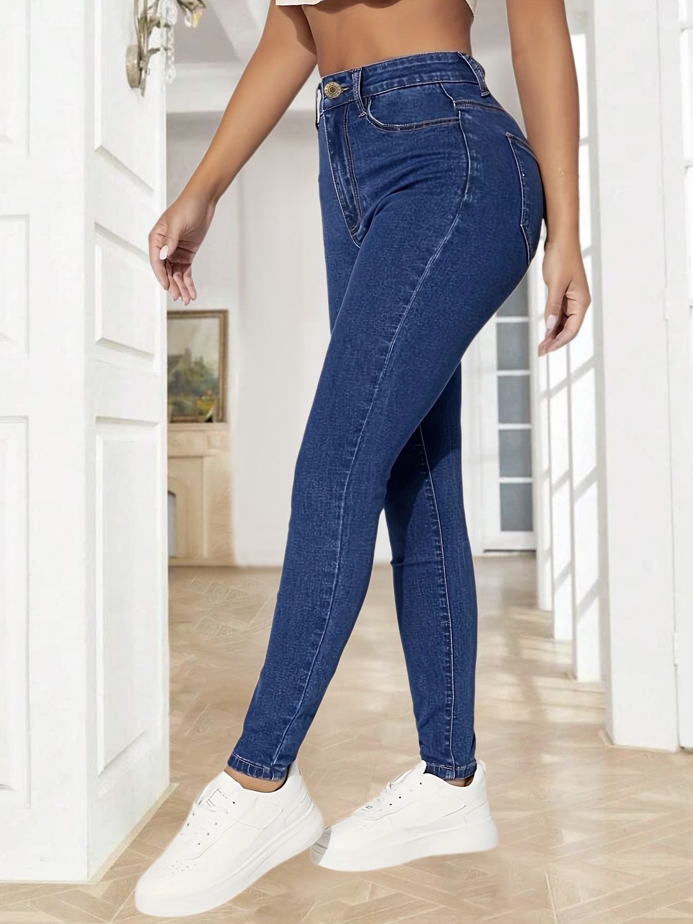 High Rise Curvy Plain Design Legs Dark Blue Skinny Jeans, High Waist  Stretchy Denim Pants, Women's Denim Jeans, Women's Clothing