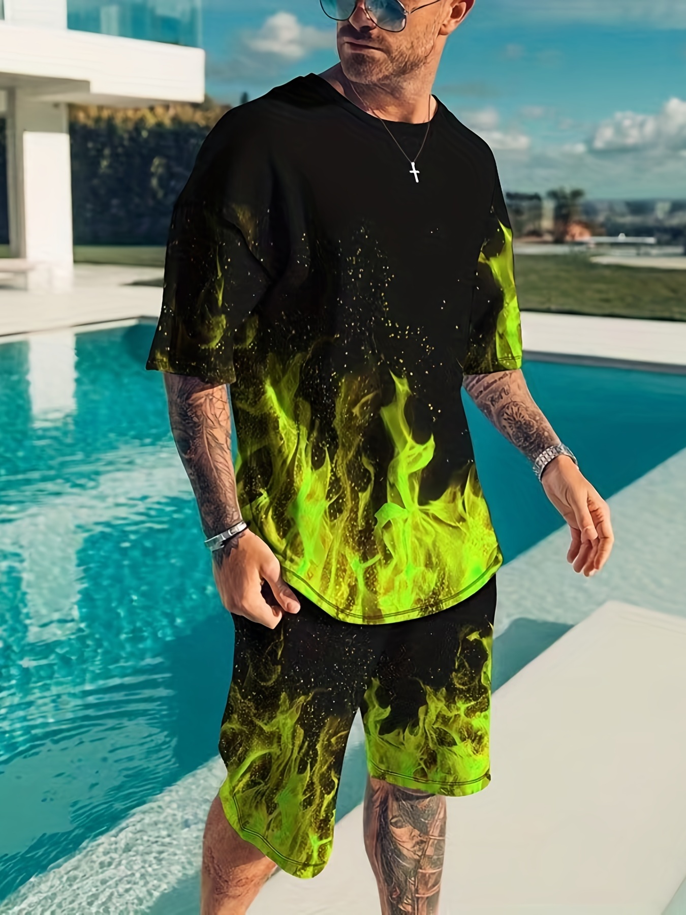 Sportswear Men's Flame Graphic T shirt Comfy Shorts Outdoor - Temu Sweden