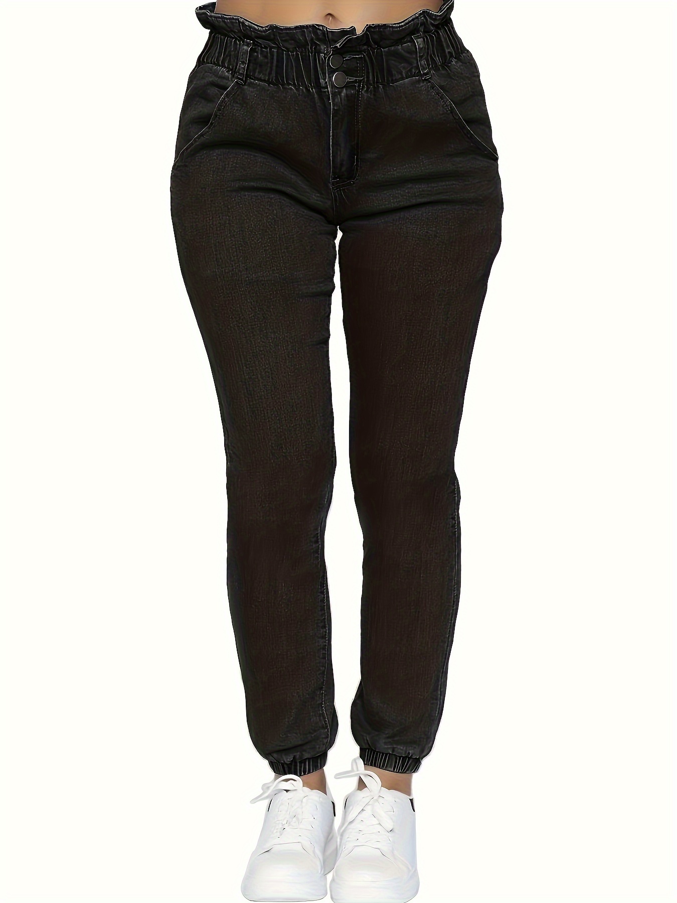 Black Ruffle Trim Elastic Waistband Jogger Jeans, Slant Pocket Slim Fitted  Casual Denim Pants, Women's Denim Jeans & Clothing