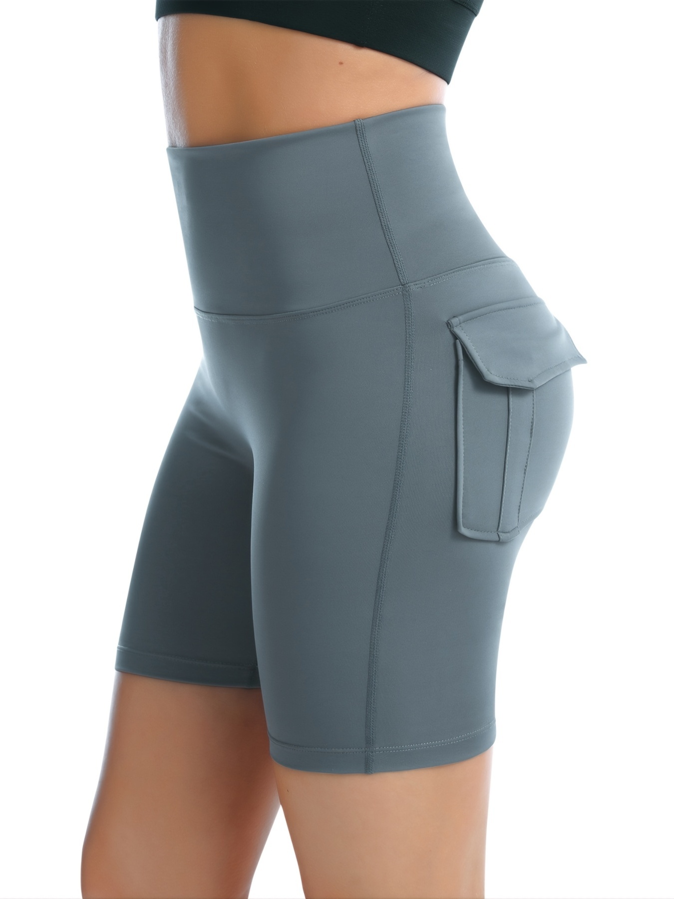 Solid High Waist Flap Pocket Yoga Shorts Stretchy Slim - Temu