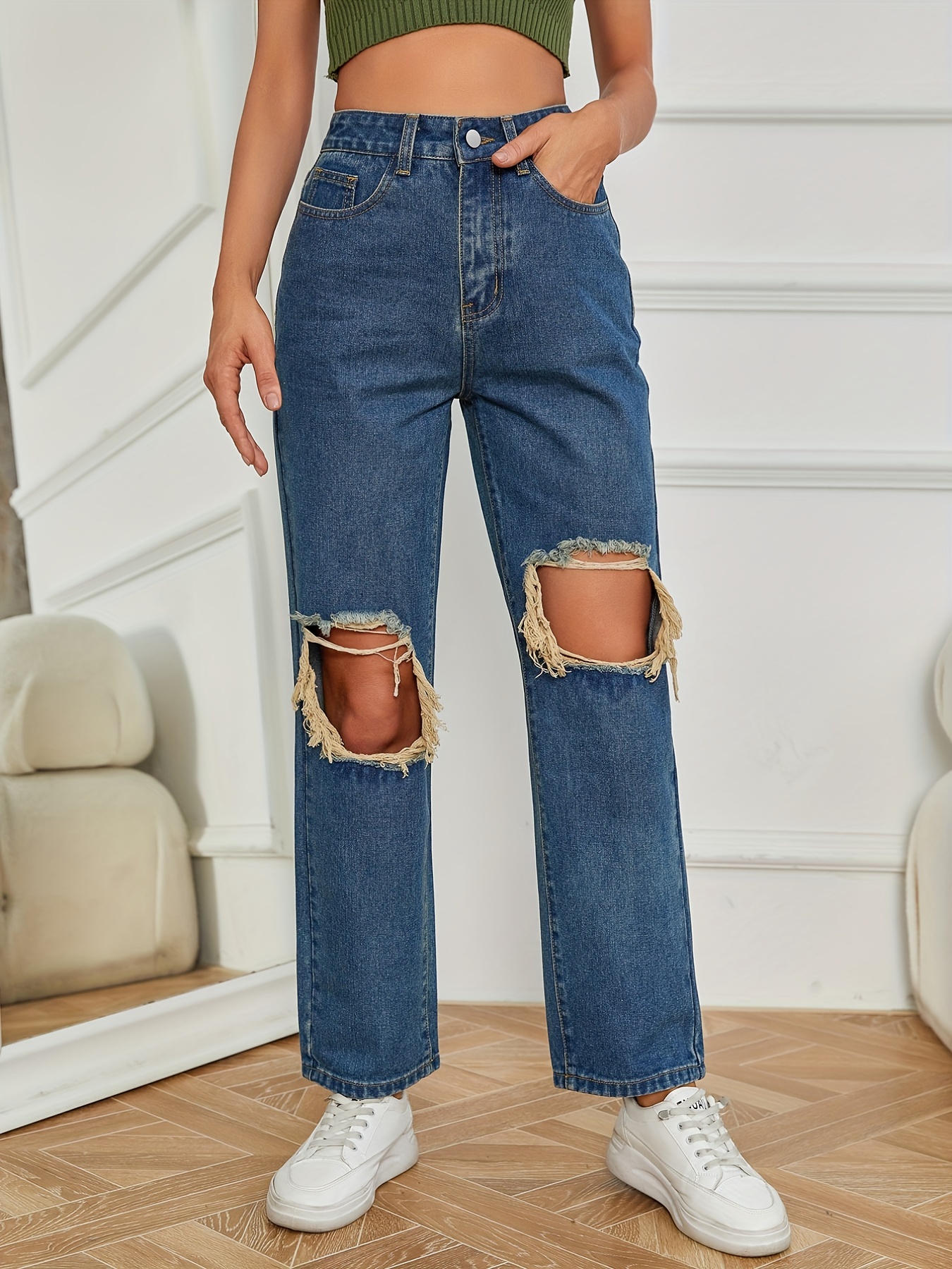High Rise Distressed Thigh Ripped Cut Out Knees Straight - Temu Canada
