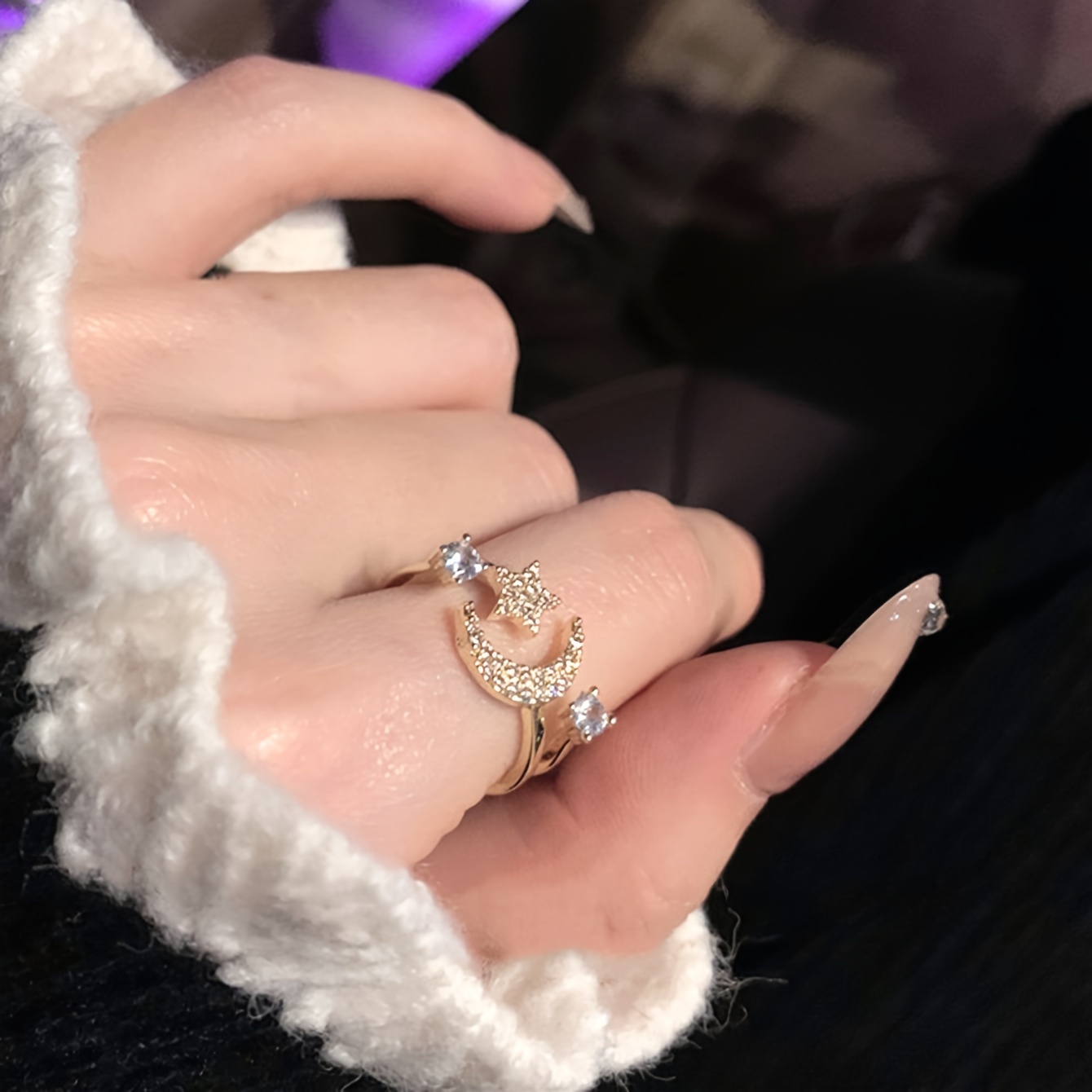 Chic Star & Moon Rhinestone Ring - Vintage-Inspired, Perfect for Daily Wear or Parties, Ideal Ramadan Gift, Retro Style, Simple Style Style