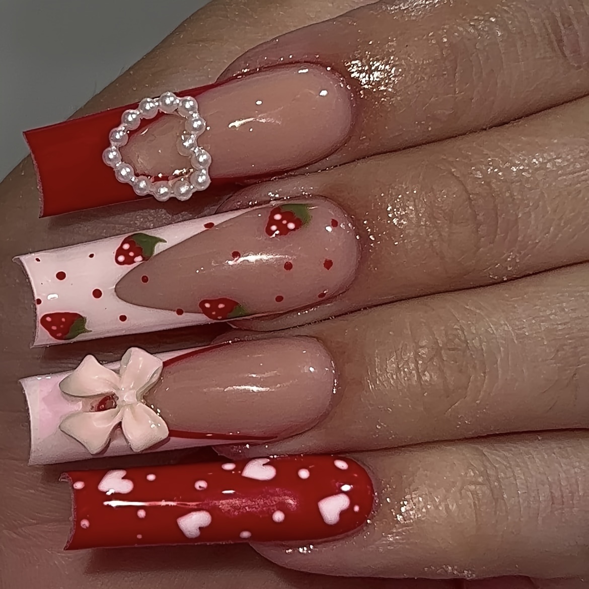  Square Press on Nails Long French Tip Fake Nails Pink Acrylic  Nails with Love Pearl Ring and Bow Designs Glue on Nails Strawberry False  Nails Valentine's Day Stick on Nails for