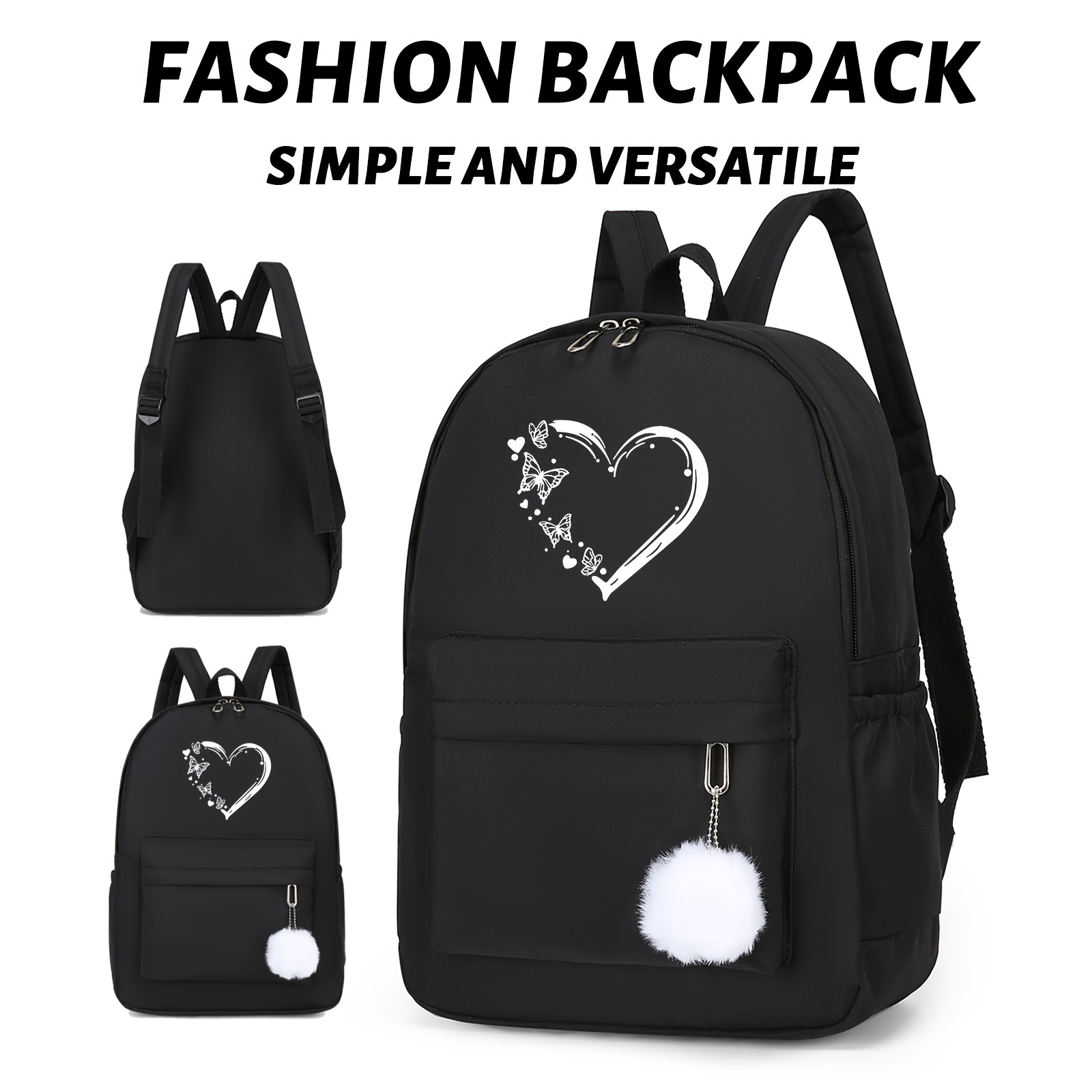

Fashionable And Versatile Heart Butterfly Printed Casual Backpack, Student Backpack For Travel And Commuting, With Small Ball Pendant