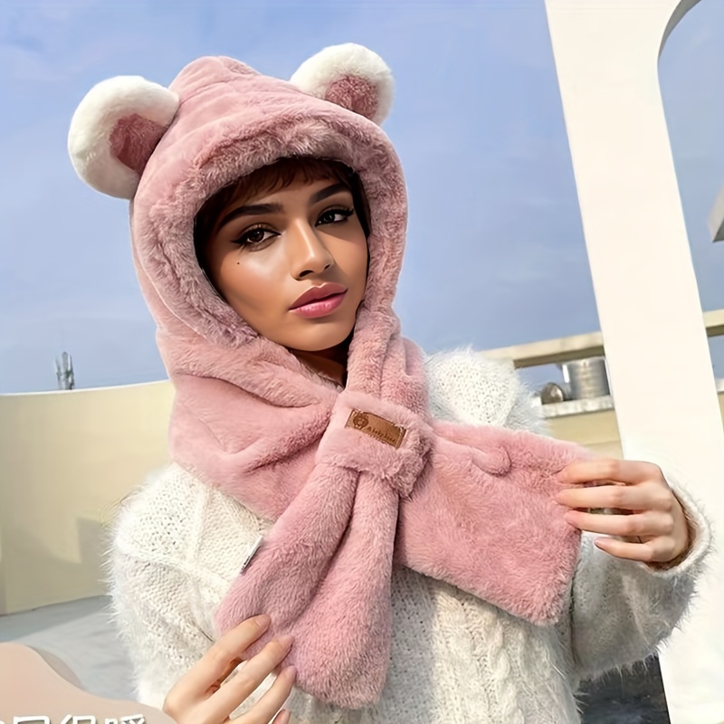 Plush Bear Hat Scarf Integrated Thickened Neck Warmer Cute - Temu