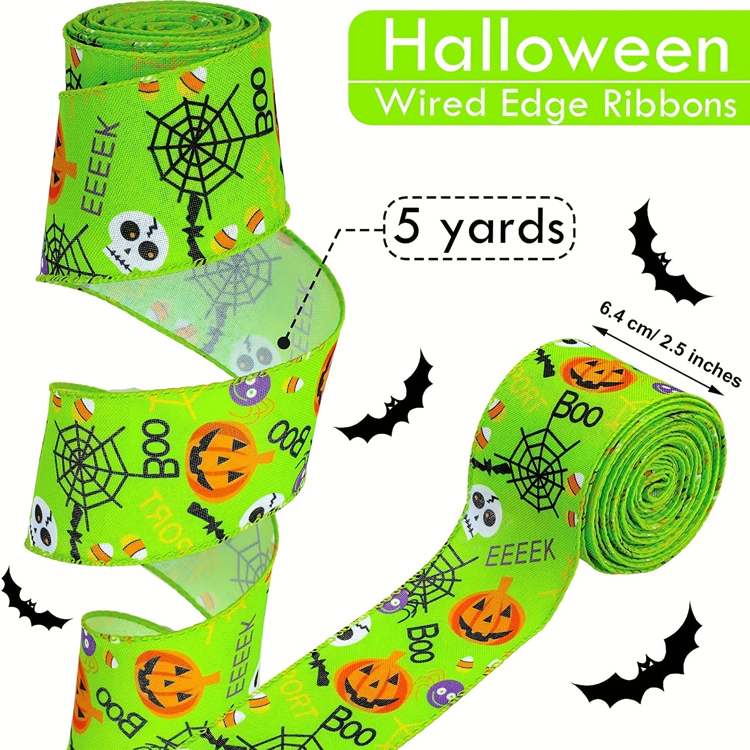 X5yards Halloween Wired Edge Ribbon For Wreaths Bat Spider Web