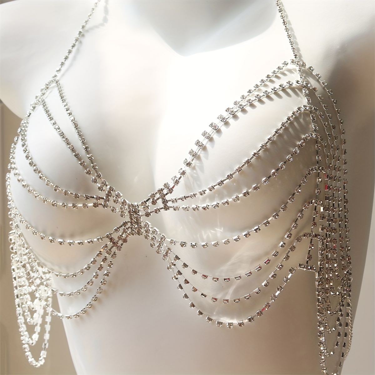 Shiny Full Rhinestone Bra Chains Women Luxury Crystal Body Chain Chest  Necklace