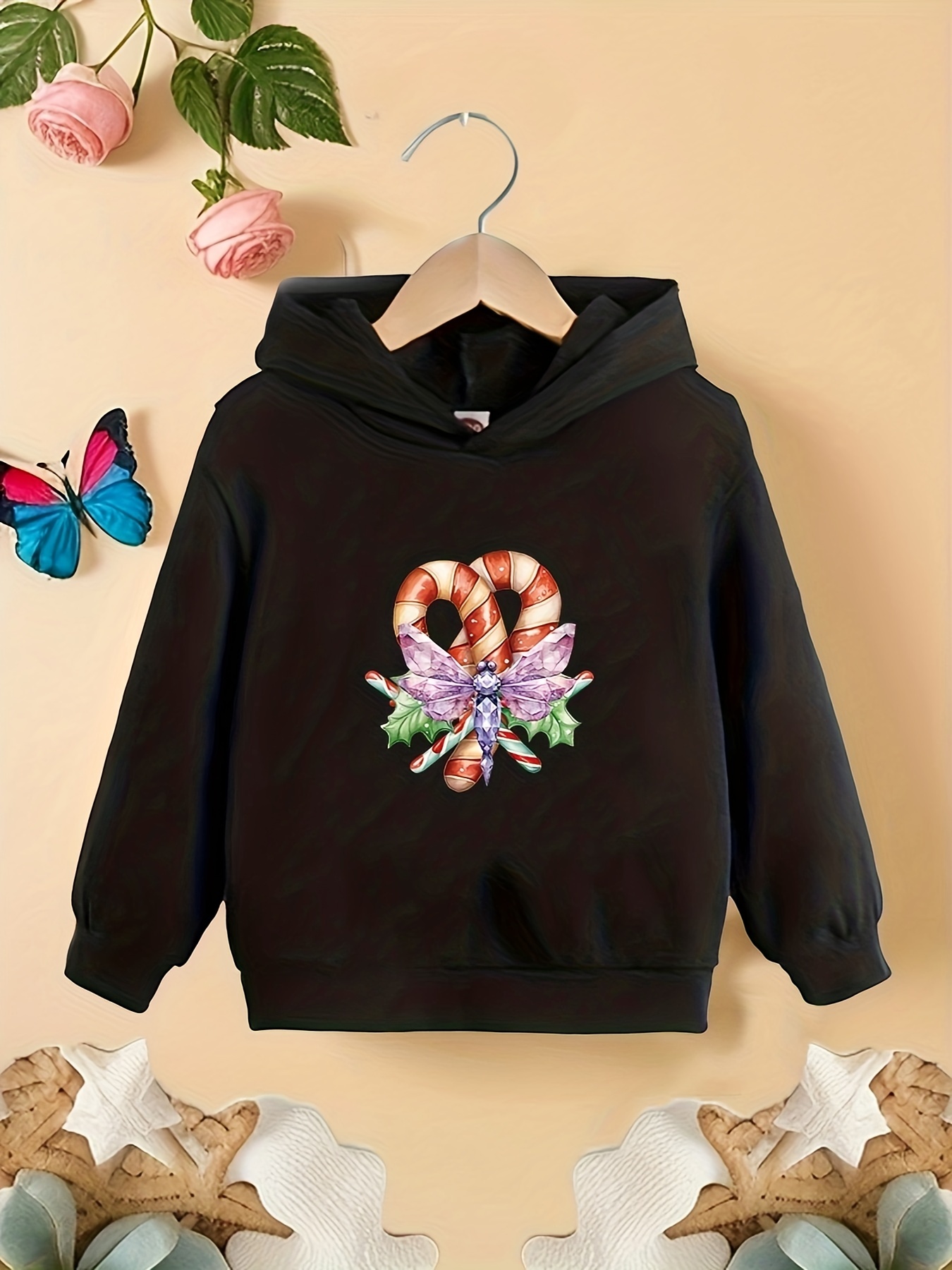 Girl's Candy Cane Dragonfly Print Comfy Hoodie Sweatshirts - Temu