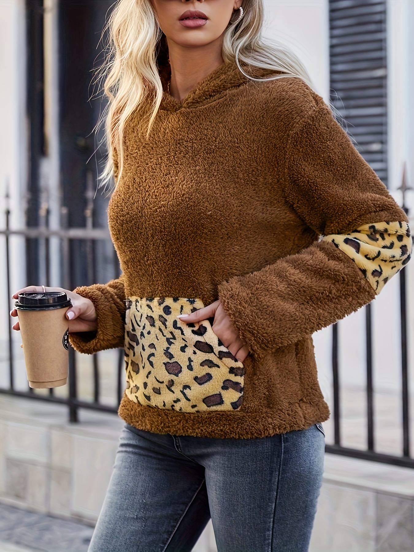 Color Block Leopard Print Fuzzy Hoodie Casual Long Sleeve Kangaroo Pocket Warm Sweatshirt Women s Clothing