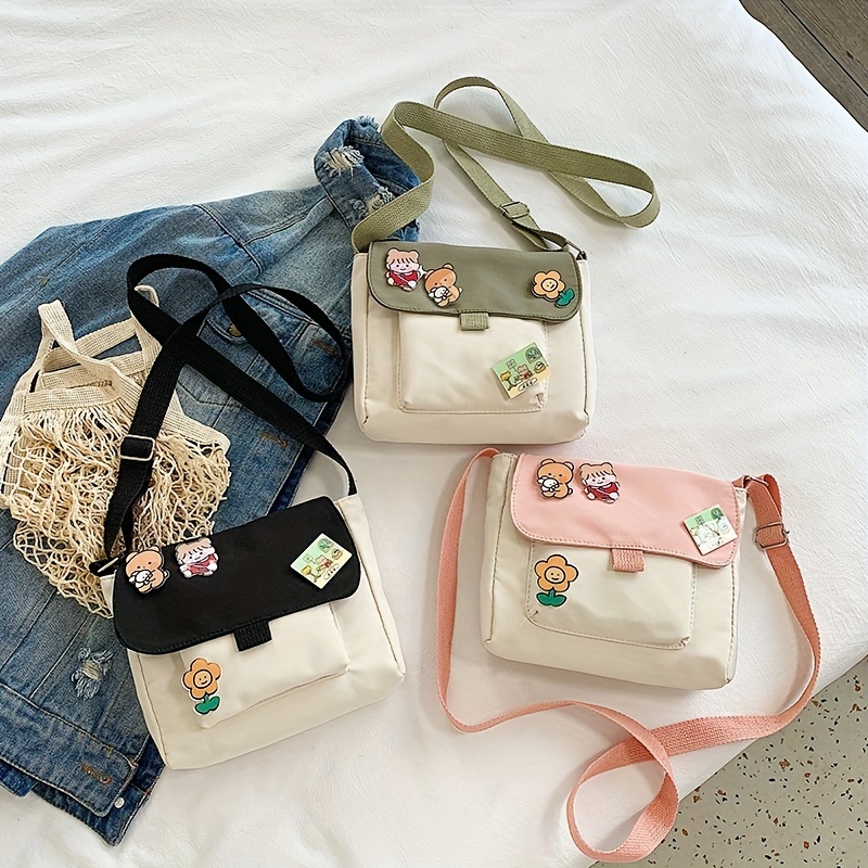 Canvas Crossbody Bag with Kawaii Pins and Pendent for Women Girls Casual  Shoulder Messenger Bag Students Schoolbag