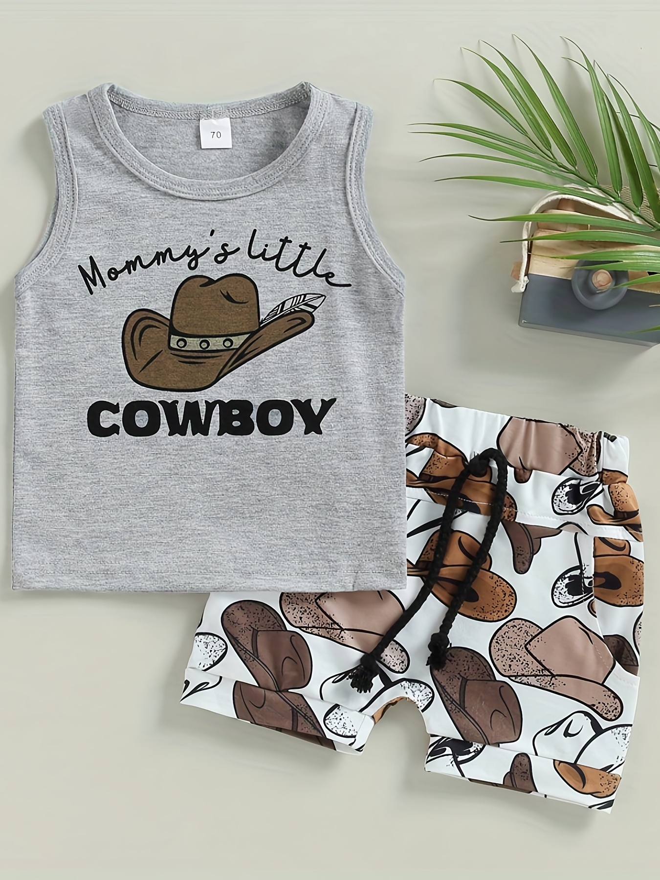 Boys Mommy's Little Cowboy Hat Print Casual Outfit Round Neck Tank Top, Cami Top & Shorts Comfortable Breathable for Summer Kids Clothes Sets,Temu