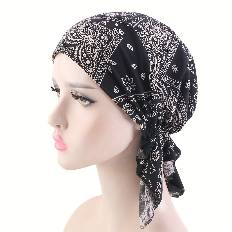 

Breathable Black Paisley Print Turban - Elastic Vintage Head Wrap For Women With Chemo Or Casual Wear