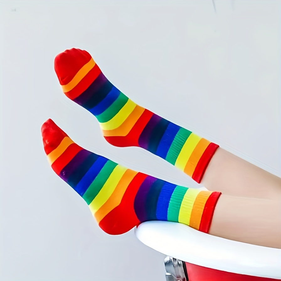 Women's Rainbow Striped Calf Socks Fashionable Comfortable - Temu