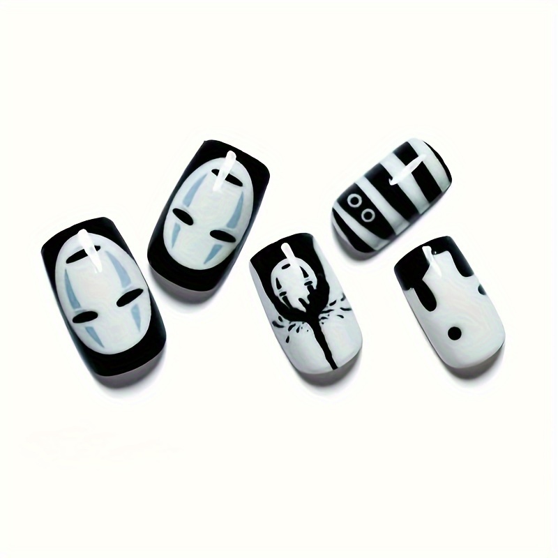 cartoon press on nails glossy medium square fake nails false nails cute faceless man pattern full cover acrylic nails for women girls party wear details 0