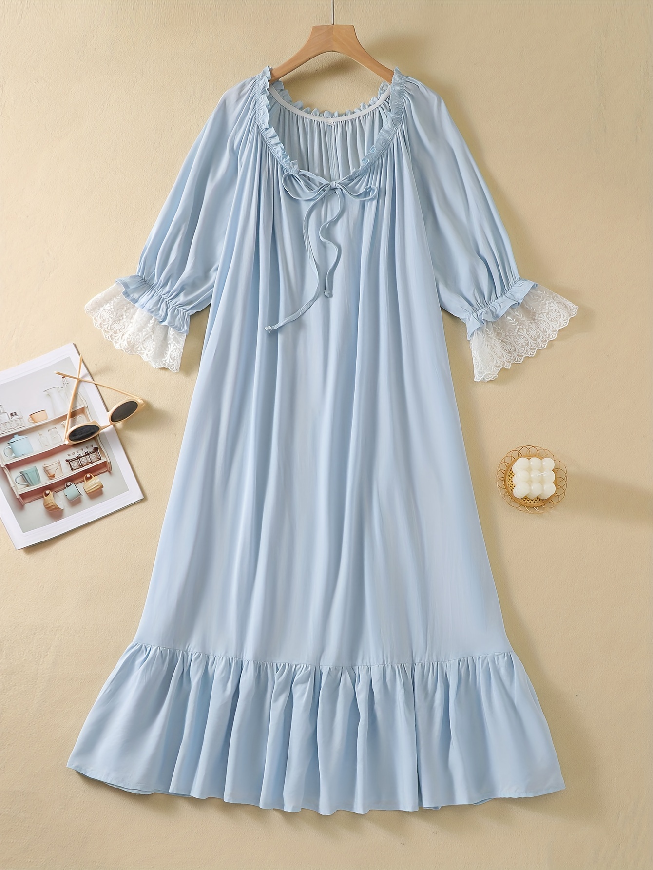 Contrast Lace Nightdress V Neck Ruffle Pajama Dress Women's - Temu