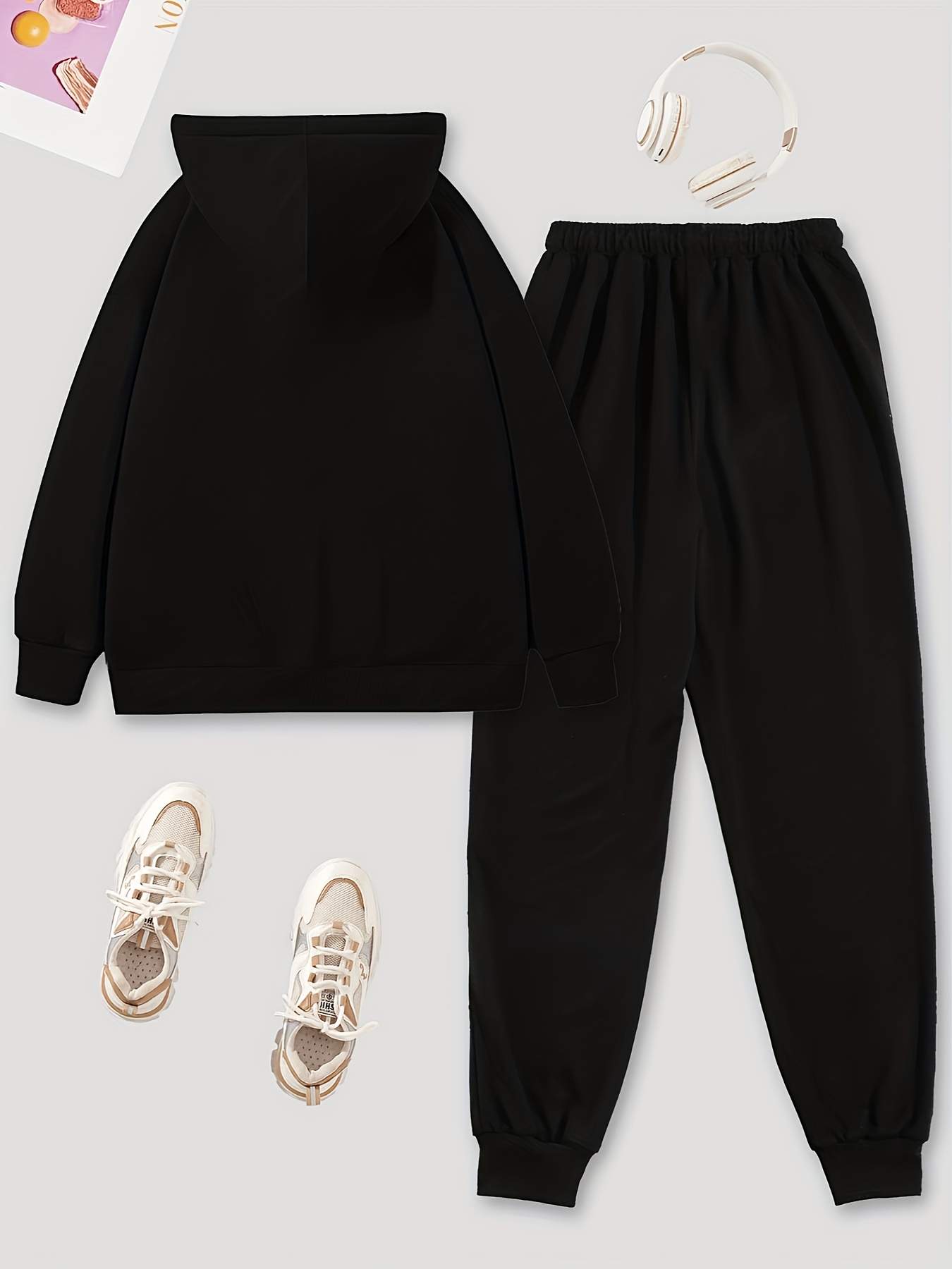 Solid Hoodie & Jogger Pants Set Drawstring Tie Waist