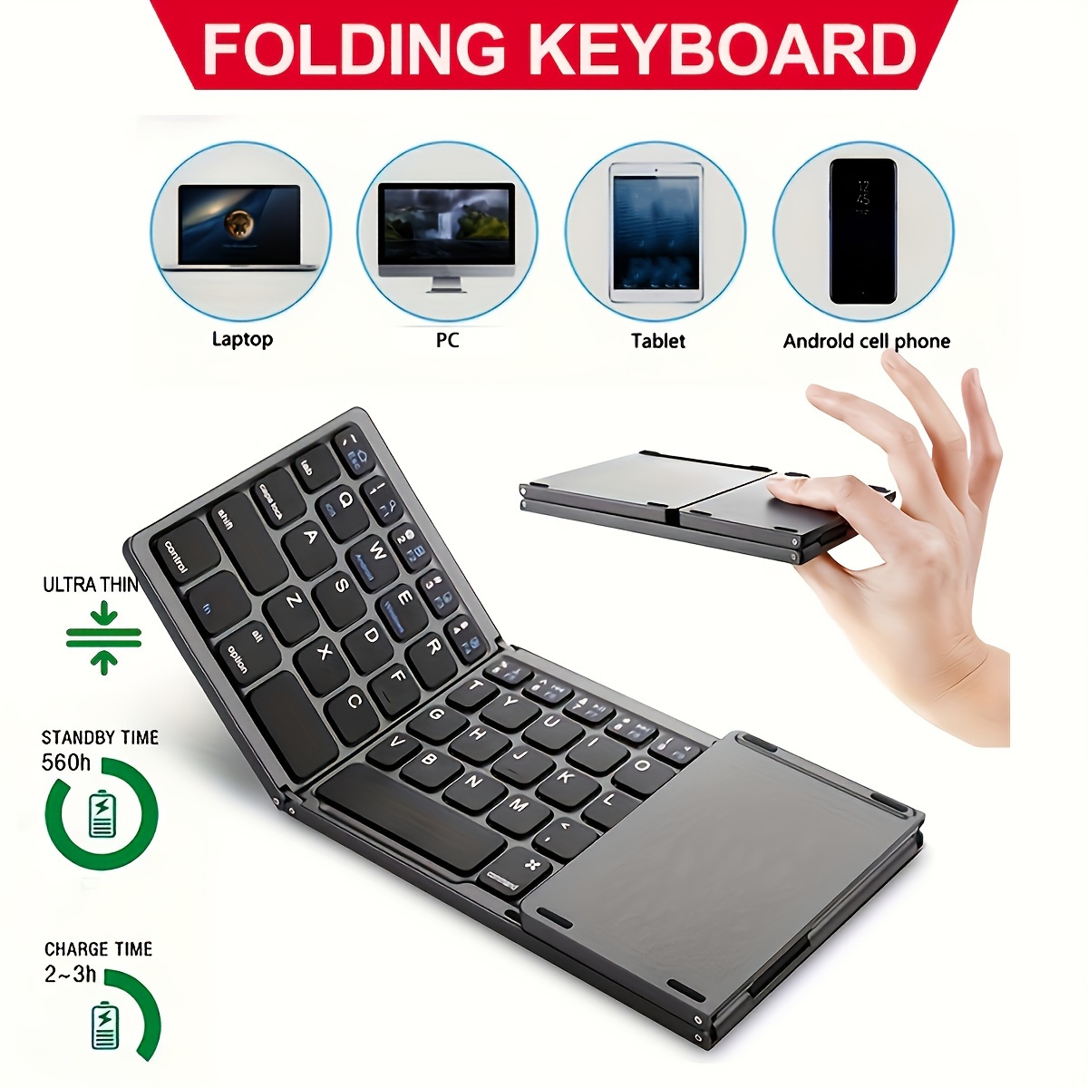 

B033 Wireless 3 Fold Keyboard For Computer Office Mute Ultra-thin Portable Keyboard 3 System With Touchpad, Very Suitable For Android/ios/windows/ And Other Systems
