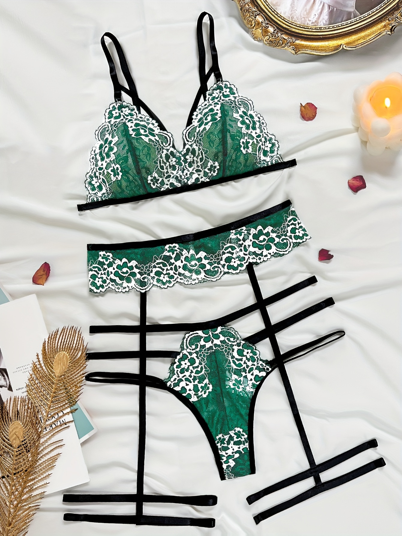 Plain Neon Green Lace * Bra & Panty, Scallop Trim Floral Pattern Bra &  Panties Lingerie Set, Women's Lingerie & Underwear