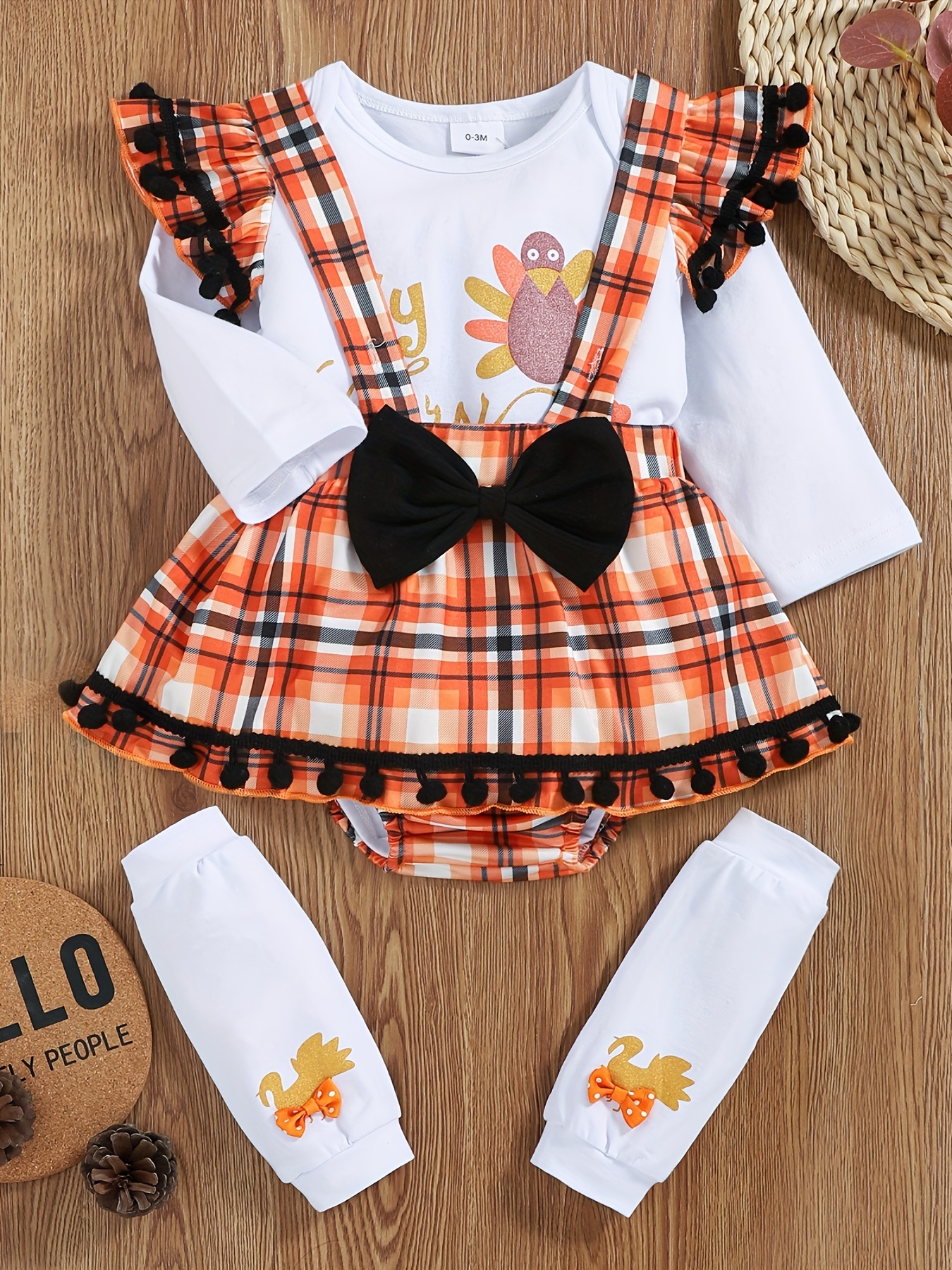 My First Thanksgiving Baby Girl Outfits - Newborn Cute Turkey Graphic Long  Sleeve * Romper Suspender Skirt Set For 0-18 Months