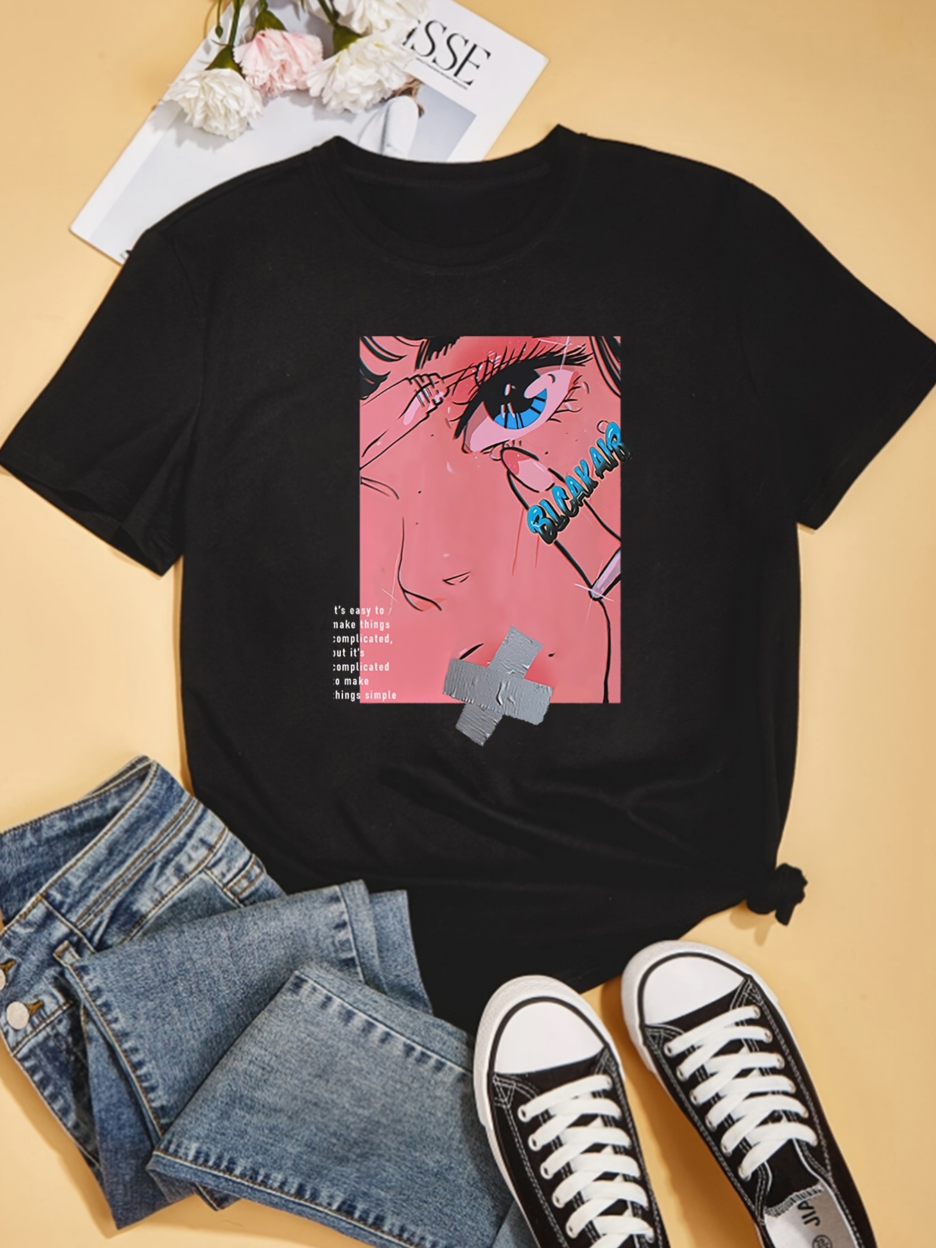 Anime Girl Graphic Print Solid T-shirt, Short Sleeve Casual