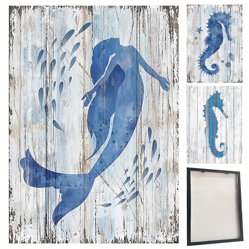 1pc Framed Rustic Canvas Print Poster Mermaid Seahorse Canvas Wall Art  Artwork Wall Painting For Bathroom Bedroom Office Living Room Wall Decor  Home Decoration - Home & Kitchen - Temu