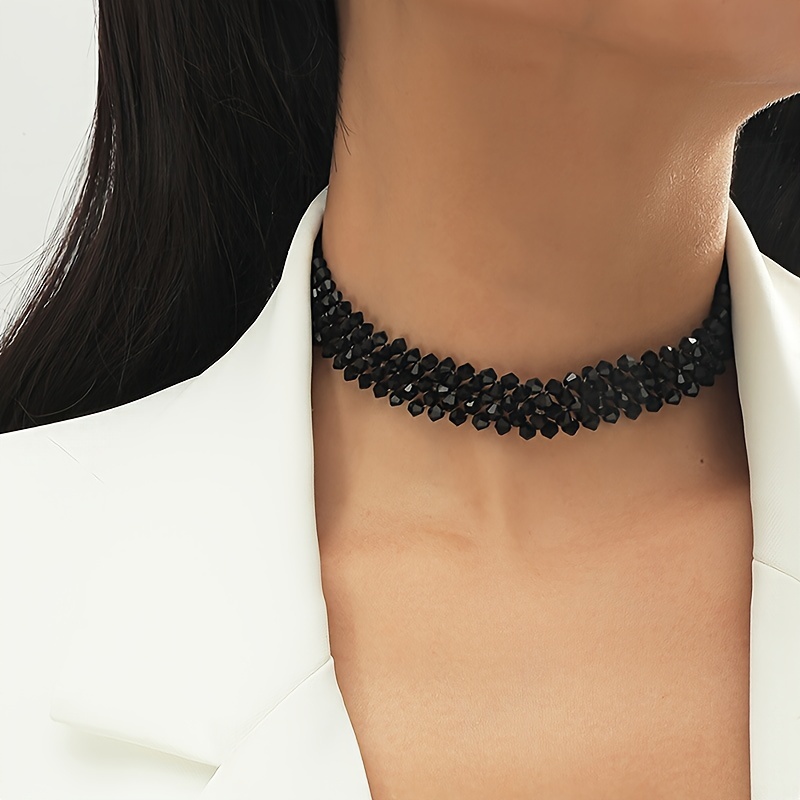 

Simple Handmade Black Glass Beads Necklace Retro Choker Collar Party Club Decor Jewelry