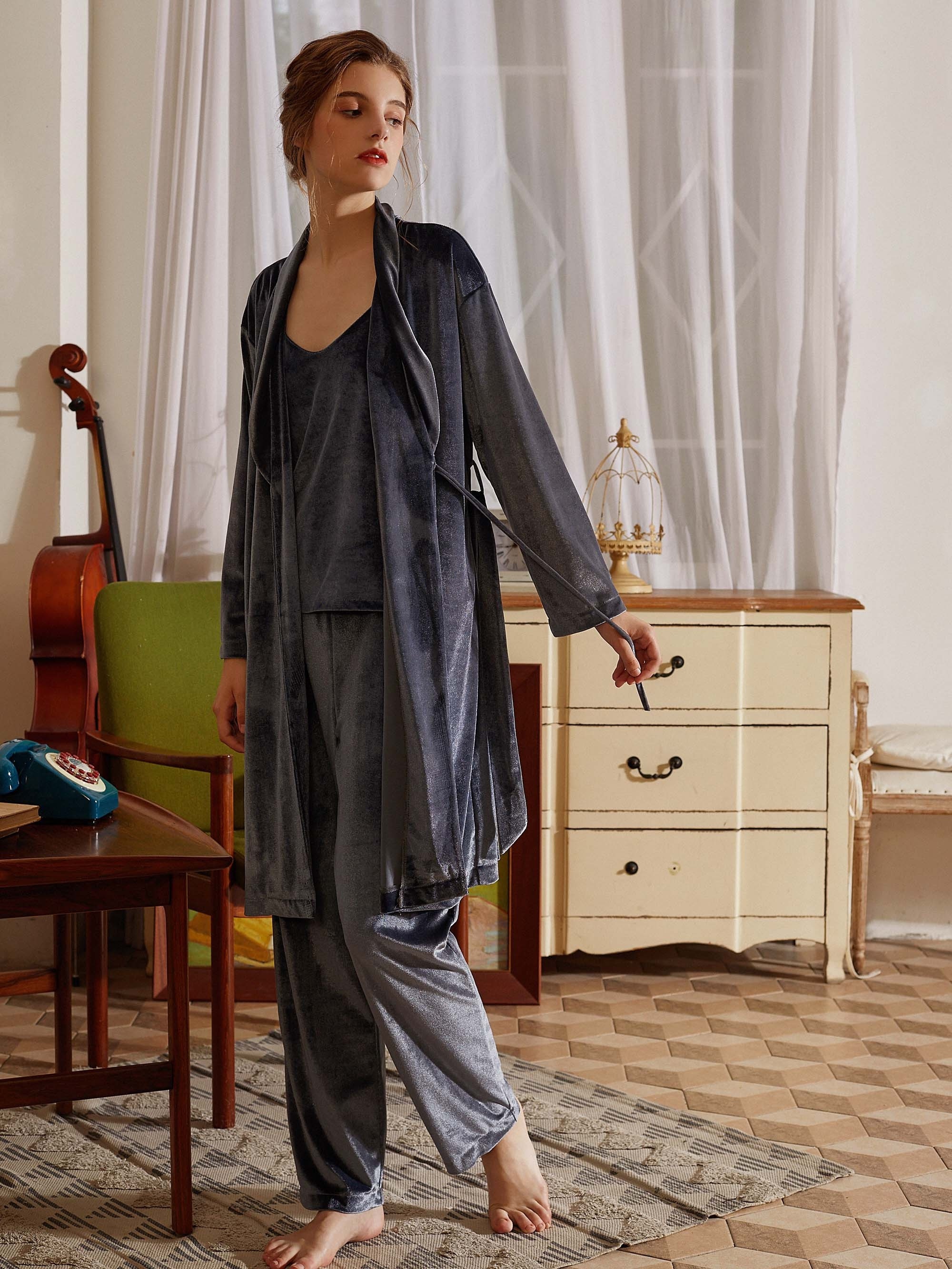Elegant Solid Velvet Pajama Set, Long Sleeve Belted Robe & V Neck Cami Top  & Pants, Women's Sleepwear & Loungewear