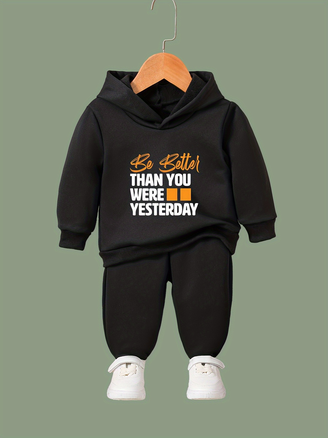 2pcs Boy s BE BETTER THAN YOU WERE YESTERDAY Letter Print Hooded Outfit Hoodie Pants Set Kid s Clothes For Spring Fall Winter As Gift