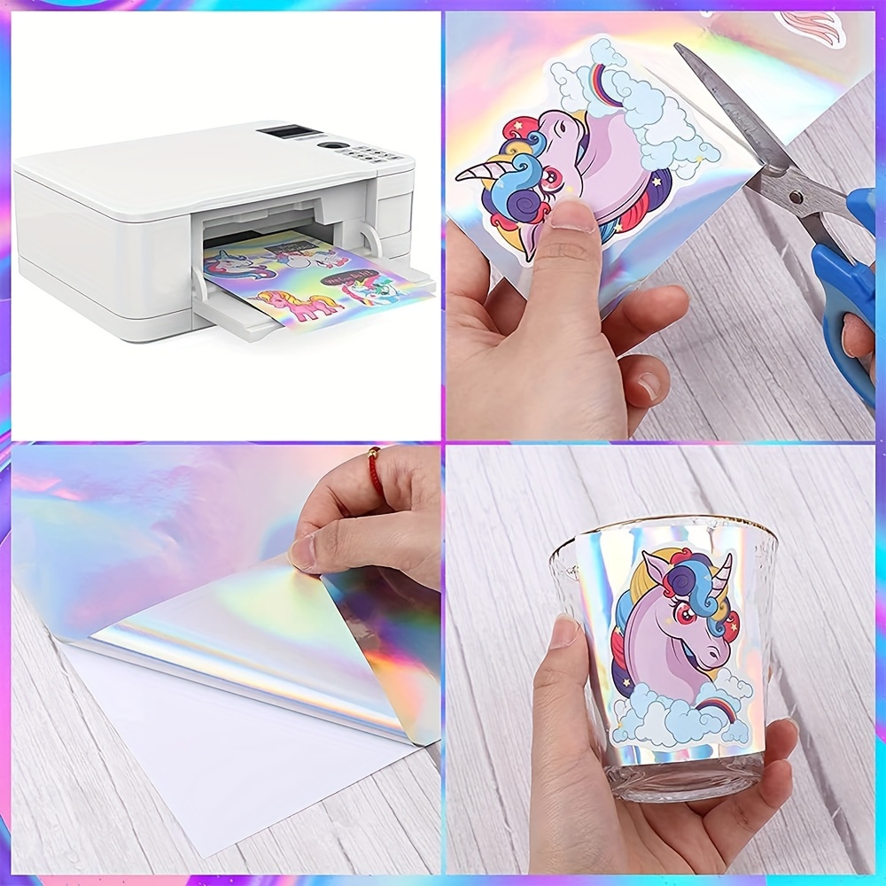 20 Sheets Holographic Sticker Paper for Inkjet & Laser Printer, 8.5x11 inch  Printable Vinyl Sticker Paper, Dries Quickly Waterproof Sticker Paper,  Diamond/Rainbow/Dots/Transparent 