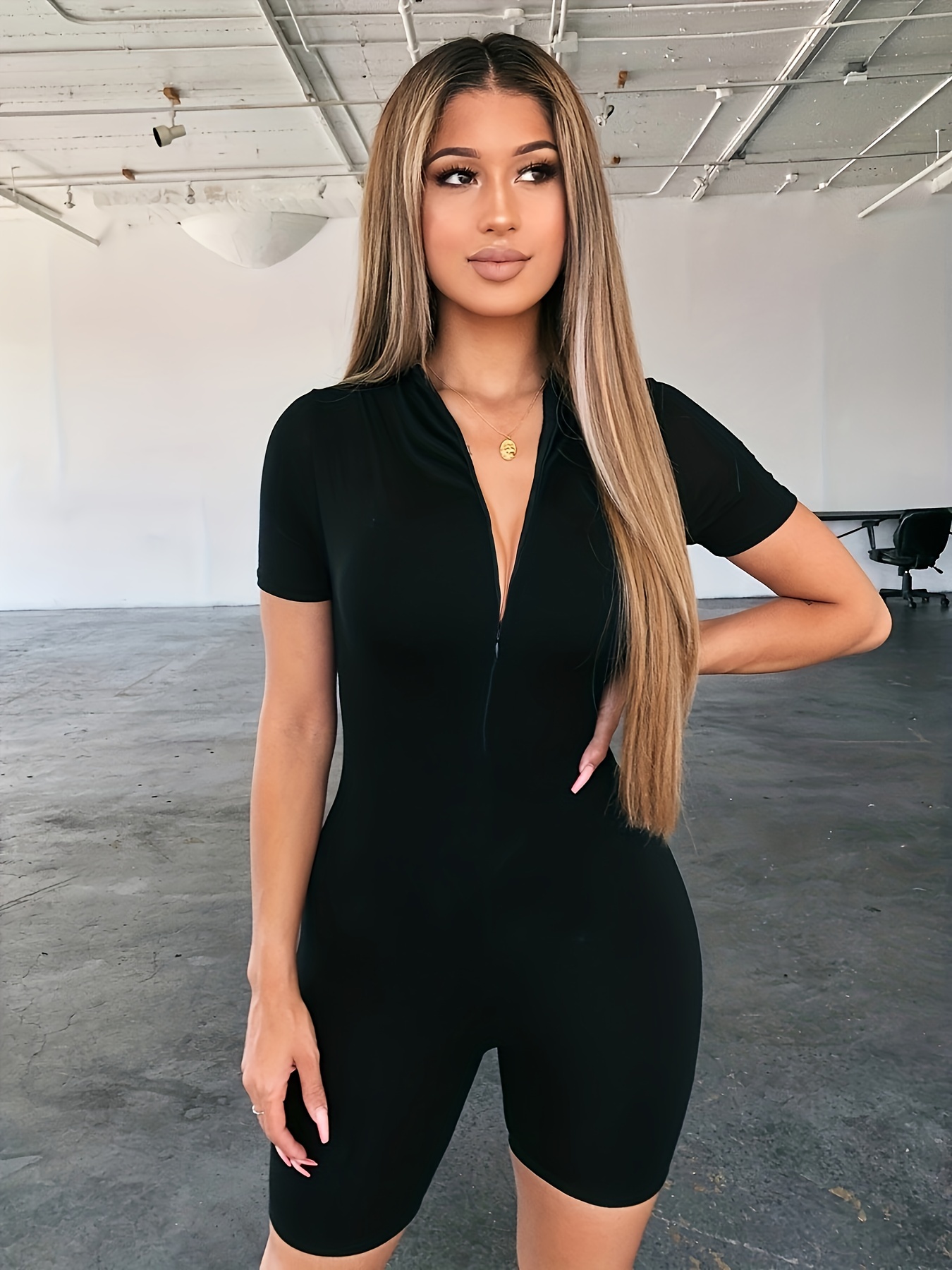 Sexy Long Sleeve Bodycon Romper In Gray, Black, Nude Solid Basic