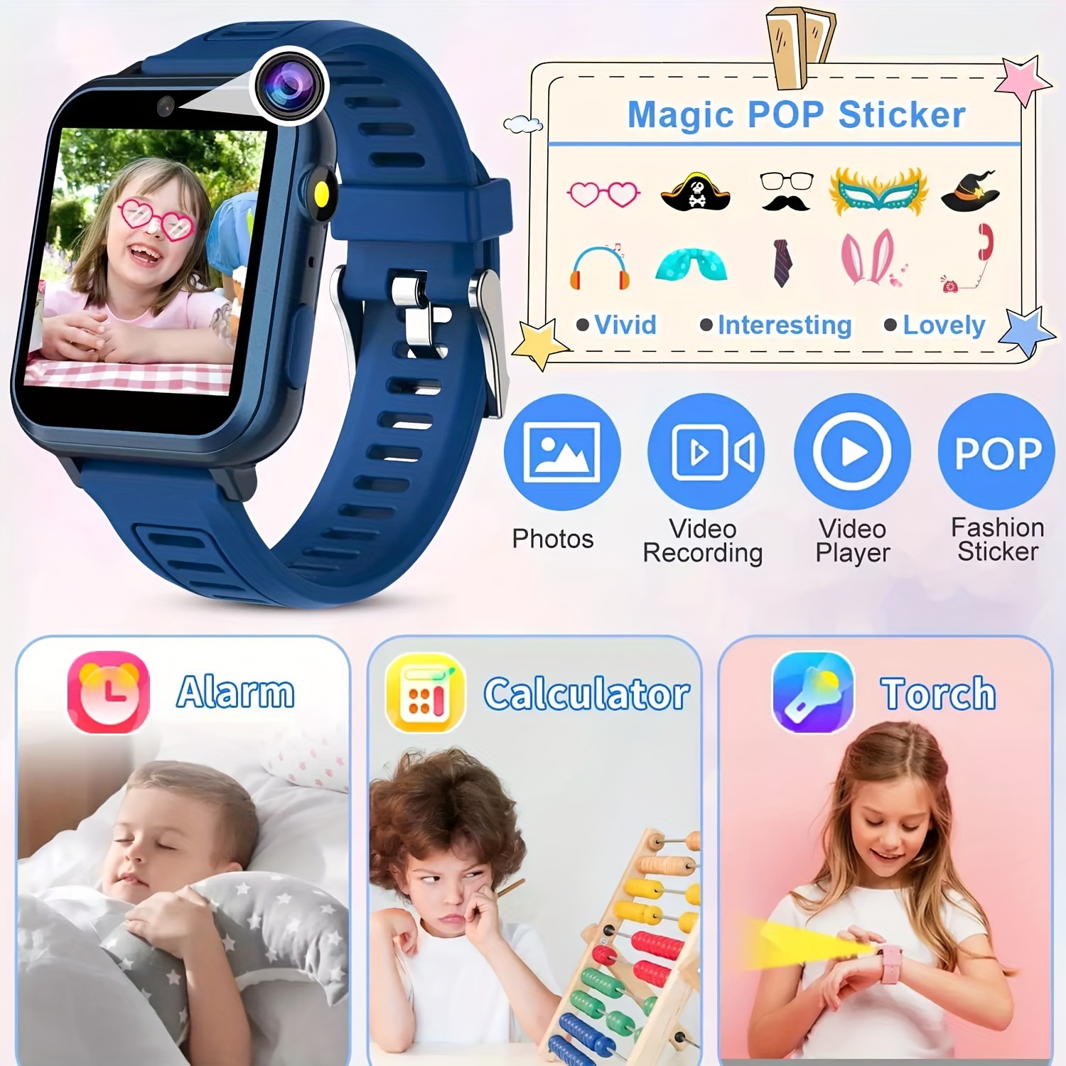 Reloj inteligente para niños de 6 a 12 años con 24 juegos de rompecabezas,  cámara, reproductor de música, podómetro, despertador, calculadora
