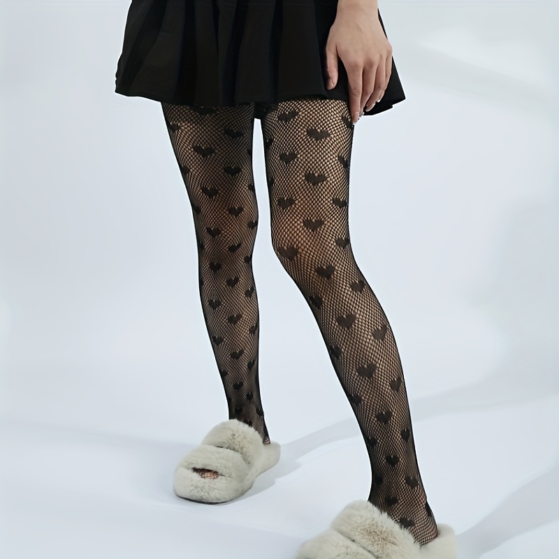 Women's Fishnet Floral Patterned Tights High Waisted Pantyhose Stockings  Leggings Heart Black One Size