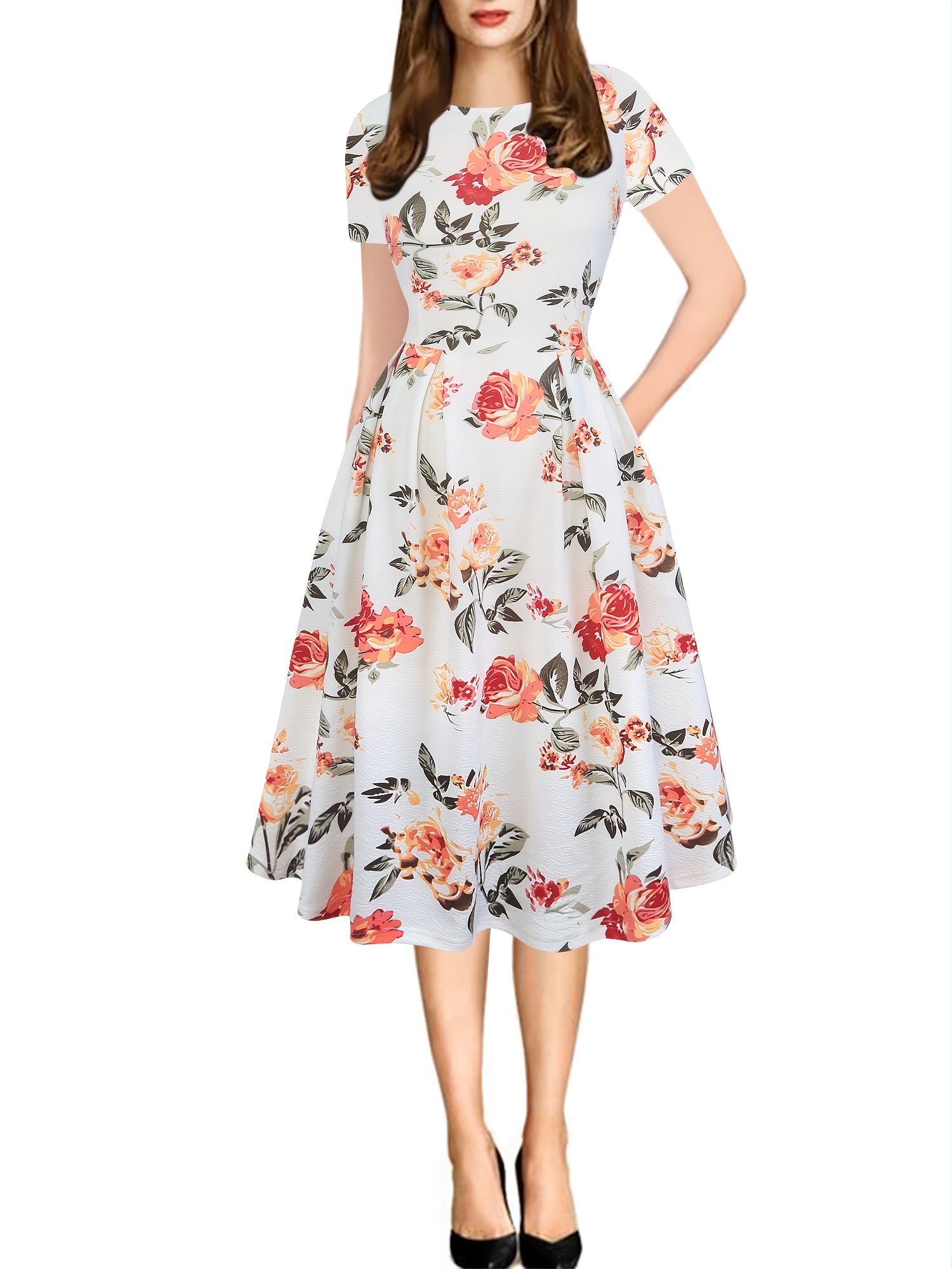 Elegant Floral Print Dress Crew Neck Short Sleeve Dress Temu