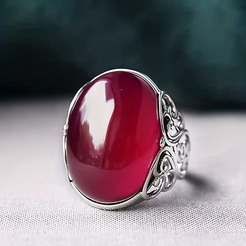 Men's Adjustable Red or Green Agate Crown Ring, Ethnic Style