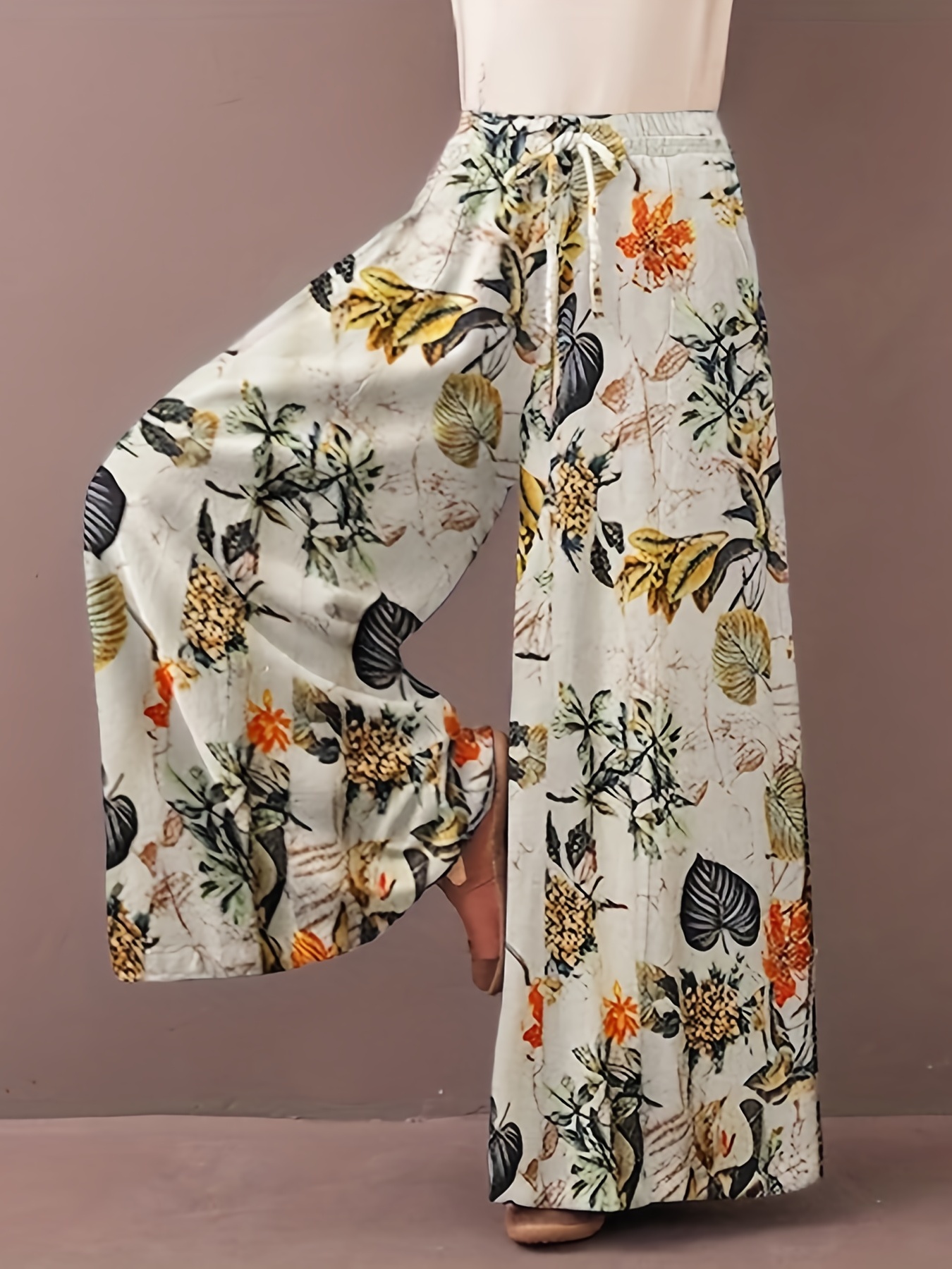 Women Floral Printed Drawstring Loose Comfy Wide Leg Trousers