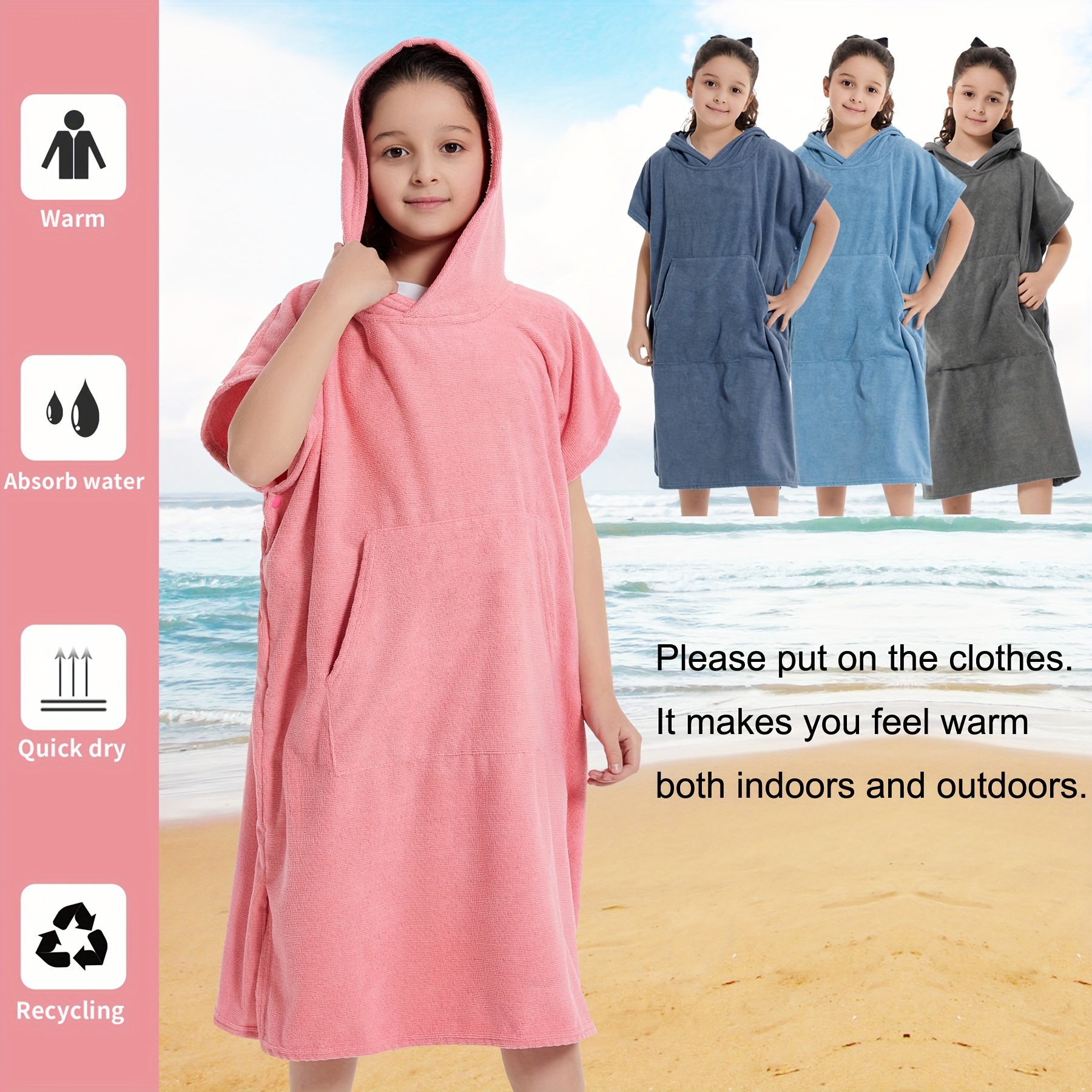 

1pc Super Absorbent Surf Poncho With Pocket, Quick-drying Comfortable Wetsuit Changing Robe, Solid Color Wearable Hooded Towel For Boys & Girls, Beach Essentials, Bathroom Supplies