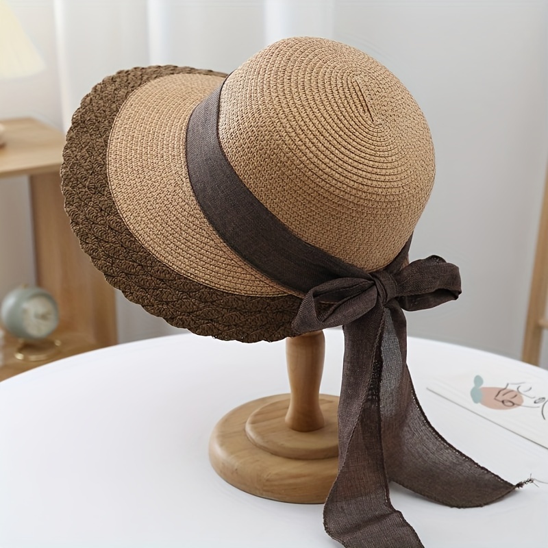 Wide Brim Straw Sun Hat Ribbon Bow Travel Beach Hat